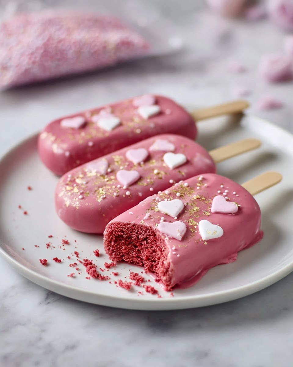 Three pink cake popsicles lie on a white plate placed on a white marbled surface. Each popsicle is coated with a smooth, glossy pink icing decorated with small white and light pink heart-shaped sprinkles and a light dusting of gold powder. The popsicles are rectangular with rounded edges and attached to light wooden sticks. The closest popsicle has a bite taken out of it, revealing a moist, red cake inside with crumb pieces scattered on the plate. In the background, there is a blurred pouch of tiny pink and white decorations. photo taken with an iphone --ar 4:5 --v 7