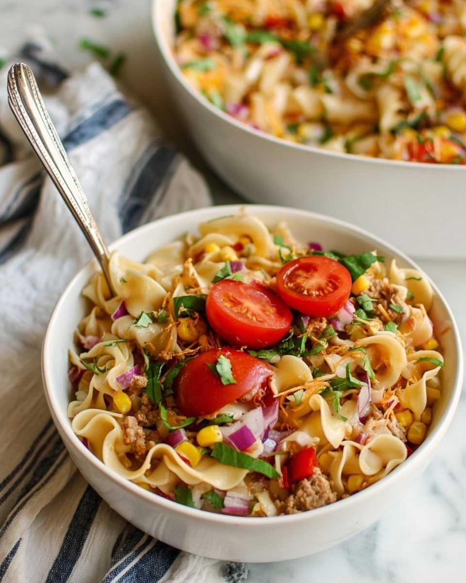 A white bowl filled with a colorful pasta salad featuring three main layers: the bottom layer consists of light beige wide egg noodles, the middle layer is scattered with chunky green herbs, diced red onions, small pieces of ground meat, and yellow corn kernels, while the top layer is topped with two bright red halved cherry tomatoes and more green herbs, with a silver spoon resting inside the bowl, all set on a white marbled surface with a white and blue striped cloth nearby; in the background, there is a white bowl filled with more of the same pasta salad, slightly blurred, photo taken with an iphone --ar 4:5 --v 7