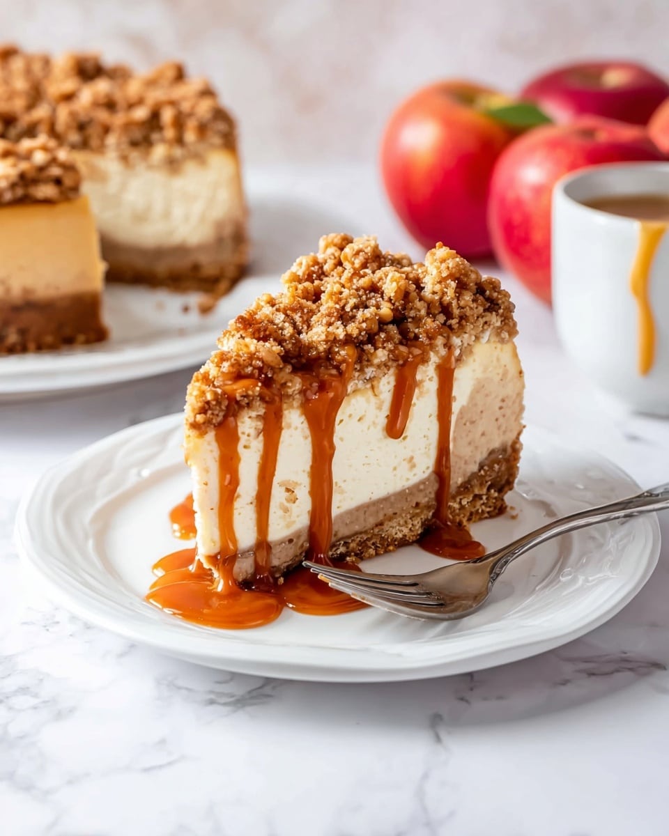 A slice of cheesecake sits on a white plate with three visible layers: a light brown crumb crust at the bottom, a thick creamy beige cheese layer in the middle, and a crumbly oat streusel topping with a golden-brown color on top. The streusel is drizzled with rich caramel sauce that cascades down the sides of the slice. A silver fork rests beside the slice on the plate. In the background, another slice of cheesecake is on a white plate, two red apples are slightly blurred, and a white cup with a caramel drip near the rim is partially visible. The surface is a white marbled texture. Photo taken with an iphone --ar 4:5 --v 7