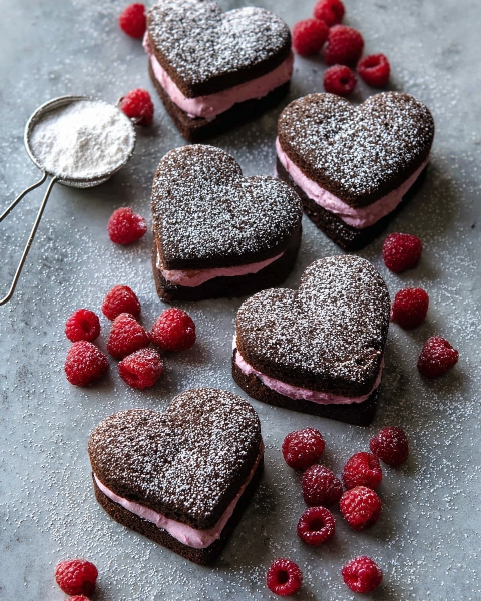 The image shows heart-shaped chocolate sandwiches with two dark brown cake layers dusted with white powdered sugar on top, and bright pink cream filling between the layers. The sandwiches vary in size, some are large and others are small. Around the cakes, there are red raspberries scattered on a white marbled textured surface. To the left, a small silver round sieve holds white powdered sugar, adding to the scene. The overall look is rich and sweet with a mix of dark brown, pink, red, and white colors. photo taken with an iphone --ar 4:5 --v 7