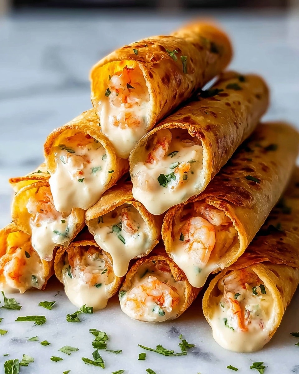 The image shows a stack of six golden brown crispy taquitos arranged in a pyramid shape on a white surface with a white marbled texture. Each taquito is filled with creamy white cheese sauce mixed with small orange shrimp pieces and green herbs, visible at both ends. The cheese sauce slightly oozes out from the open ends, giving a rich and gooey texture, while the outer tortilla is crunchy and perfectly toasted with a few darker spots. Some chopped green herbs are sprinkled around the taquitos, adding fresh color contrast. Photo taken with an iphone --ar 4:5 --v 7