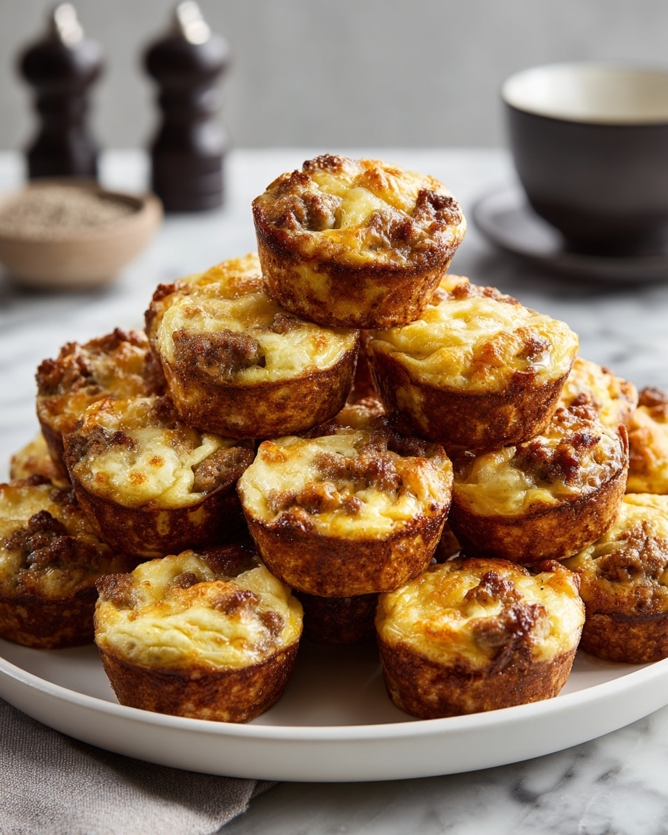 A white round plate filled with about twenty small muffin-shaped bites stacked in a pyramid style. Each bite has a golden brown crust base with a light, creamy, slightly bumpy top layer that has bits of browned sausage and melted orange cheese scattered on and inside the top, giving a rich and textured look. The colors range from deep brown on the crust to light beige and yellow/orange for the cheese topping. The plate sits on a white marbled textured surface with a dark-colored bowl and salt and pepper shakers blurred in the background. photo taken with an iphone --ar 4:5 --v 7
