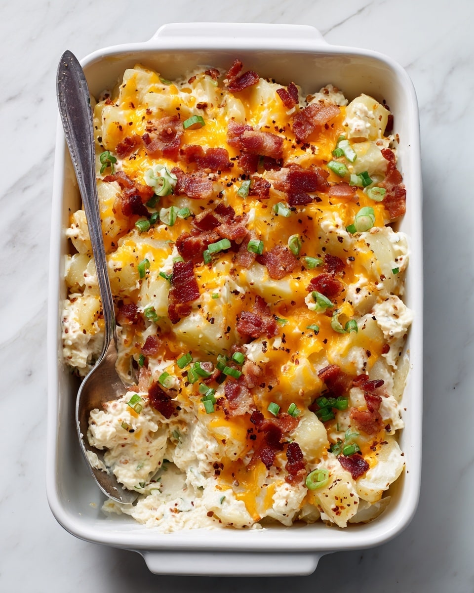 The image shows a white rectangular dish filled with a layered potato casserole. The bottom layer consists of tender pale yellow potato chunks mixed with a creamy white sauce that has pepper flakes. Over this, there is a generous layer of melted bright orange cheddar cheese unevenly spread. Scattered on top are small pieces of crispy reddish-brown bacon and thin slices of green onion for color. A metal spoon is digging into the casserole from the left side, ready to scoop a portion. The dish sits on a white marbled surface. photo taken with an iphone --ar 4:5 --v 7