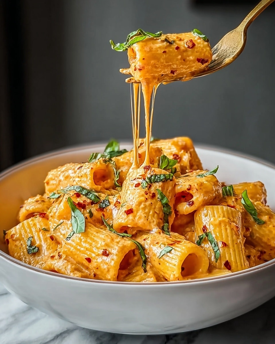 A white bowl filled with several pieces of ravioli covered heavily in a creamy orange sauce mixed with red and green herbs. The ravioli are square-shaped with visible fluffiness inside, coated thickly with the creamy texture. Green fresh chopped herbs are scattered on top and within the sauce, adding a vibrant contrast. A golden fork holds up a piece of ravioli with melted, stretchy cheese dripping down from it, showing the gooey texture inside. The bowl is set against a white marbled textured background. photo taken with an iphone --ar 4:5 --v 7