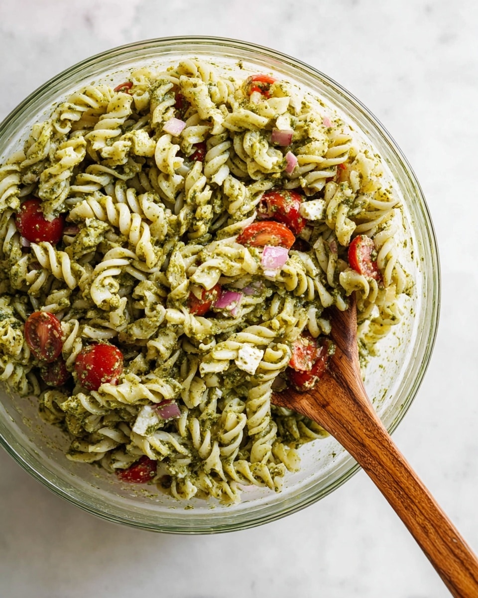 A white bowl filled with three layers of fusilli pasta coated in green pesto sauce, mixed with bright red halved cherry tomatoes scattered throughout, and small chunks of white cheese visible among the pasta. A gold fork rests inside the bowl on the right side. The bowl sits on a white marbled surface with a white cloth slightly blurred in the background. Another similar bowl is partially visible and out of focus in the background. Photo taken with an iphone --ar 4:5 --v 7