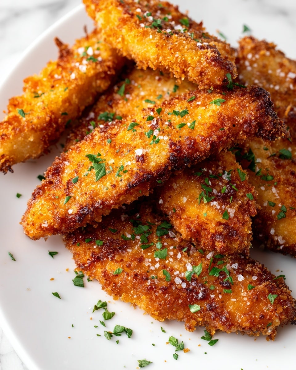 The image shows five golden brown crispy chicken strips placed in a slightly overlapping manner on a white plate, each coated in a crunchy, textured breading with some small browned spots. The chicken strips are sprinkled lightly with coarse salt and finely chopped green herbs scattered on and around them, adding bursts of color. The close-up view highlights the rough, crumbly surface and the juicy interior seen at a slight edge. The background surface is a white marbled texture. Photo taken with an iphone --ar 4:5 --v 7