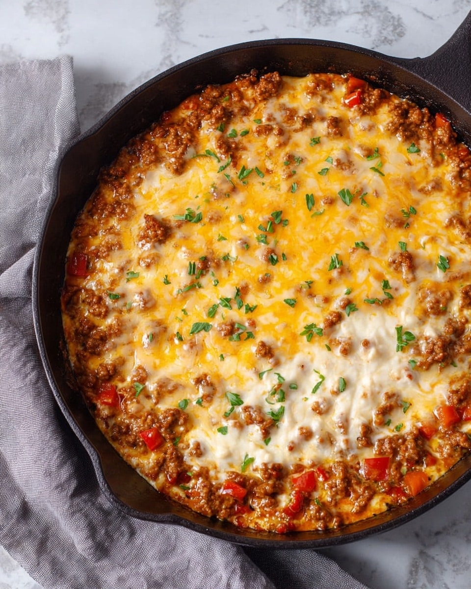 A skillet filled with a cheesy baked dish showing three clear layers; the bottom layer is a mix of cooked ground meat and diced red bell peppers with a reddish-brown sauce, the middle layer is creamy white cheese spread unevenly, and the top layer is melted golden-yellow cheese browned slightly in spots, sprinkled with small pieces of chopped green herbs. The skillet sits on a white marbled surface with a gray cloth partially visible underneath. Photo taken with an iphone --ar 4:5 --v 7