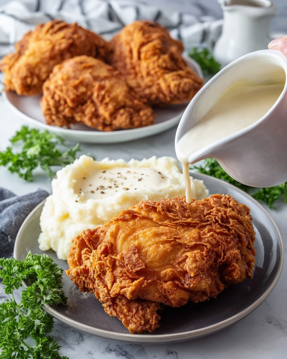 A white marbled surface holds a white plate in the background with four pieces of golden-brown fried chicken, each piece showing a crispy, textured crust. In the foreground, a gray plate contains one large piece of fried chicken with a deeply crinkled, crunchy coating on the bottom half, and a generous scoop of smooth, creamy white mashed potatoes with slight lumps placed behind the chicken. A woman's hand is holding a white gravy pitcher, pouring thick white gravy speckled with black pepper onto the fried chicken. Fresh green parsley leaves are scattered around the plates for garnish. Photo taken with an iphone --ar 4:5 --v 7