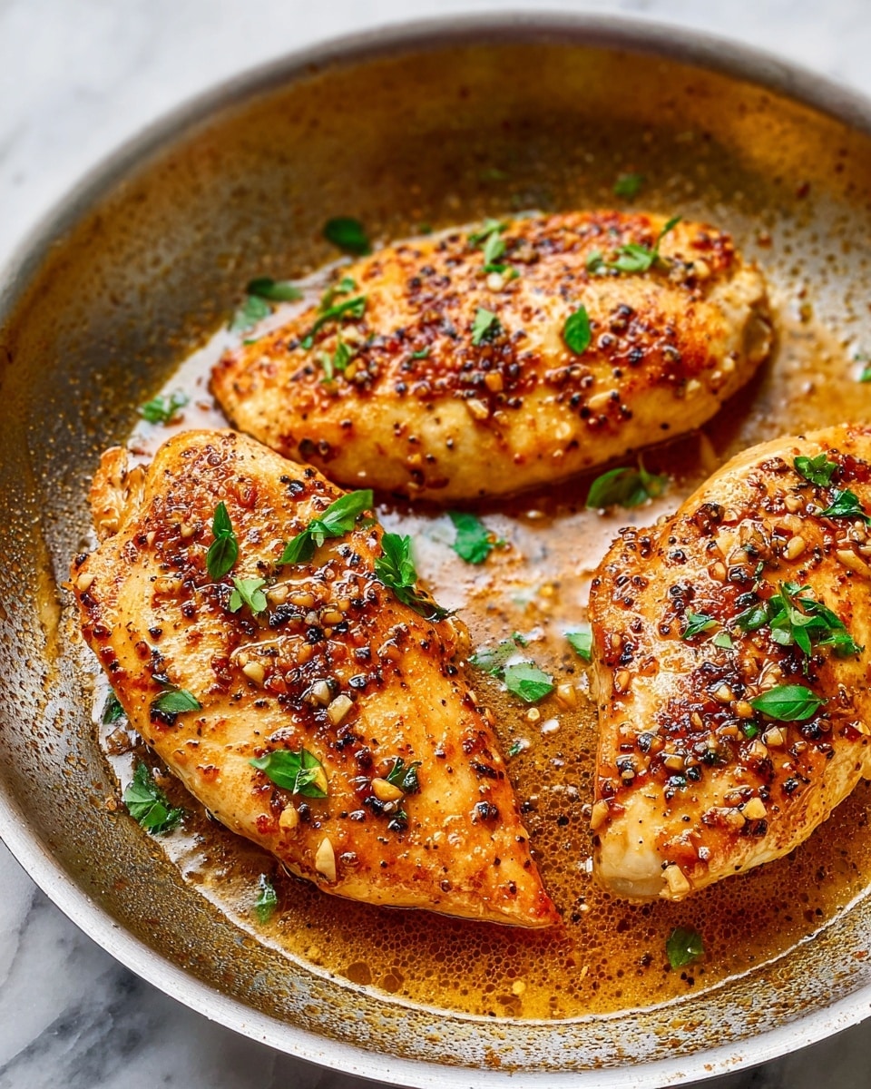 The image shows three golden-brown chicken breasts cooking in a pan with a shiny, oily sauce. Each chicken breast is covered with coarse black pepper, garlic bits, and small green herb leaves scattered on top. The chicken looks juicy and tender, with a slightly crispy texture on the edges. The sauce around the chicken is light brown and glossy, pooling in the pan beneath the chicken pieces. The scene is set on a white marbled surface that adds a clean and fresh background to the warm colors of the chicken and sauce. photo taken with an iphone --ar 4:5 --v 7
