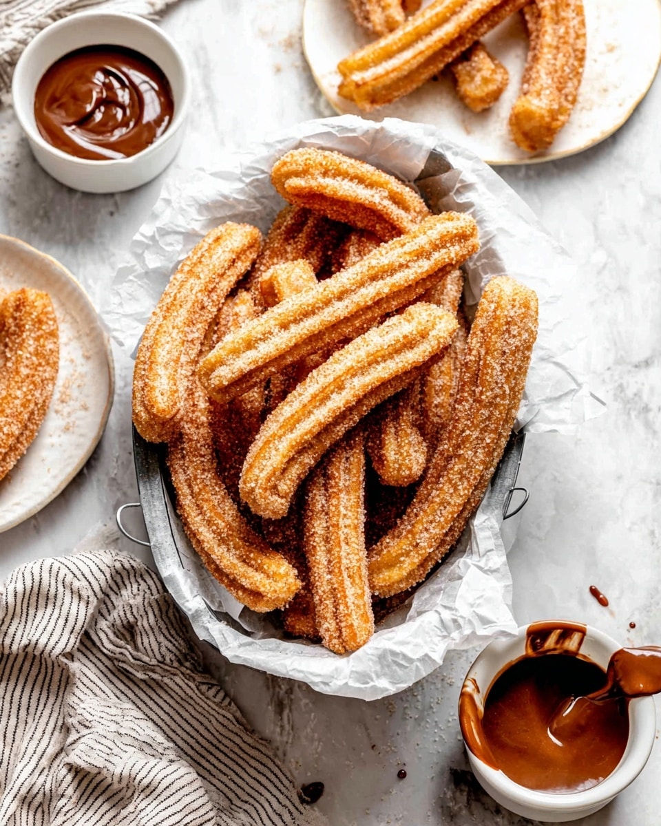 A metal basket lined with crinkled white paper holds a pile of golden brown churros coated in sugar, each churro long and ridged, stacked unevenly. Nearby, there are two small white bowls filled with smooth chocolate and caramel dipping sauces; one churro is dipped halfway into the chocolate. Two white plates with a couple of churros each sit on a white marbled surface around the basket, one plate with a chocolate sauce smear underneath the churros. A striped cloth napkin lies partially under the basket. The whole scene is bright and inviting, showing the churros' crunchy texture clearly. photo taken with an iphone --ar 4:5 --v 7