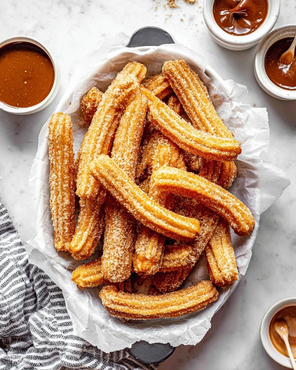 A white round tray lined with crumpled white parchment paper holds a pile of about twenty churros, each covered in a golden brown sugar coating that shines with a crunchy texture. The churros are thick and ridged, arranged randomly but mostly stacked towards the center of the tray. Around the tray, on a white marbled textured surface, there are three small white bowls filled with glossy brown dipping sauces, one bowl partially visible in the top right corner and two more at the bottom left corner. A striped gray and white cloth sits near the tray's handle, adding a soft detail to the scene. photo taken with an iphone --ar 4:5 --v 7