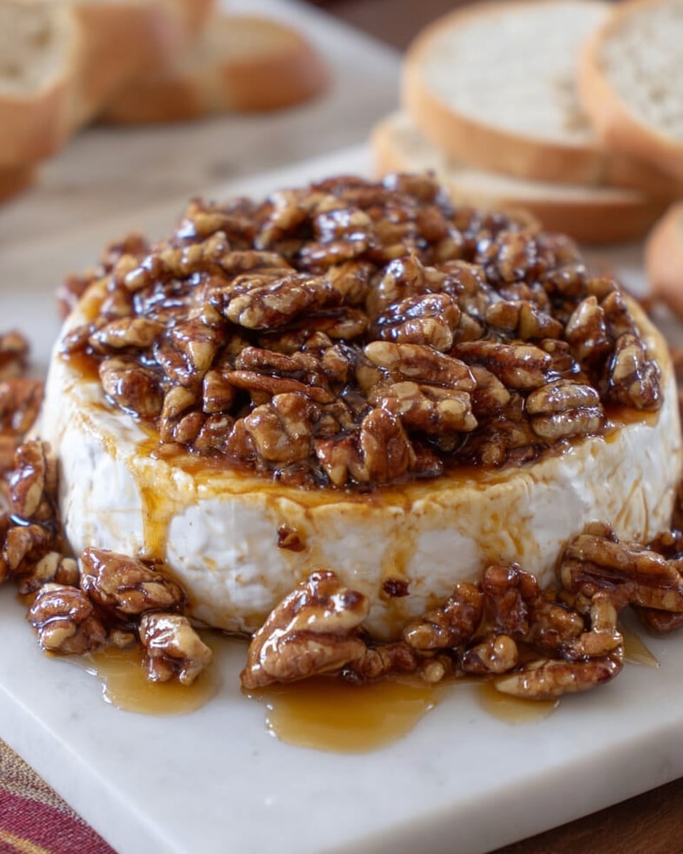 A round layer of white soft cheese sits at the bottom, topped with a thick layer of glossy, golden honey soaked pecans that slightly spill over the edges, creating small pools of honey around the base. The textures contrast between the smooth cheese and the crunchy, sticky pecan topping. In the background, pieces of light-colored bread are slightly blurred on a white marbled surface. photo taken with an iphone --ar 4:5 --v 7