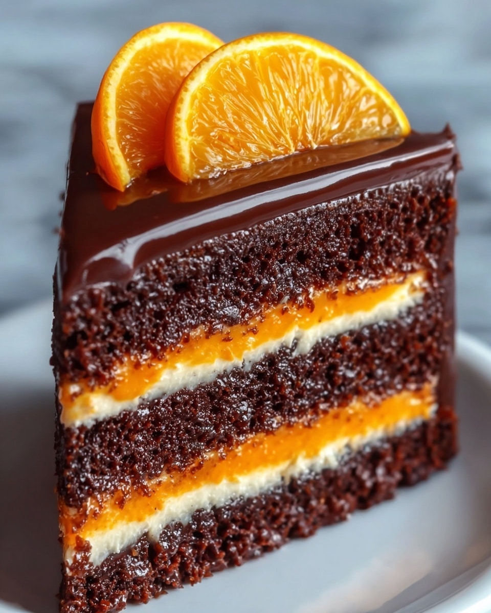 A close-up view of a tall, three-layer chocolate cake slice sitting on a white plate. The cake has dark, moist chocolate layers alternating with thin, smooth orange cream layers, and a very thin layer of white cream just below each orange cream layer. The entire cake is coated with a shiny, rich dark chocolate glaze that covers the top and edges neatly. Two thin orange slices lie flat on top as decoration, showing detailed texture and bright color. The cake is set on a surface with white marbled texture in the background. Photo taken with an iphone --ar 4:5 --v 7
