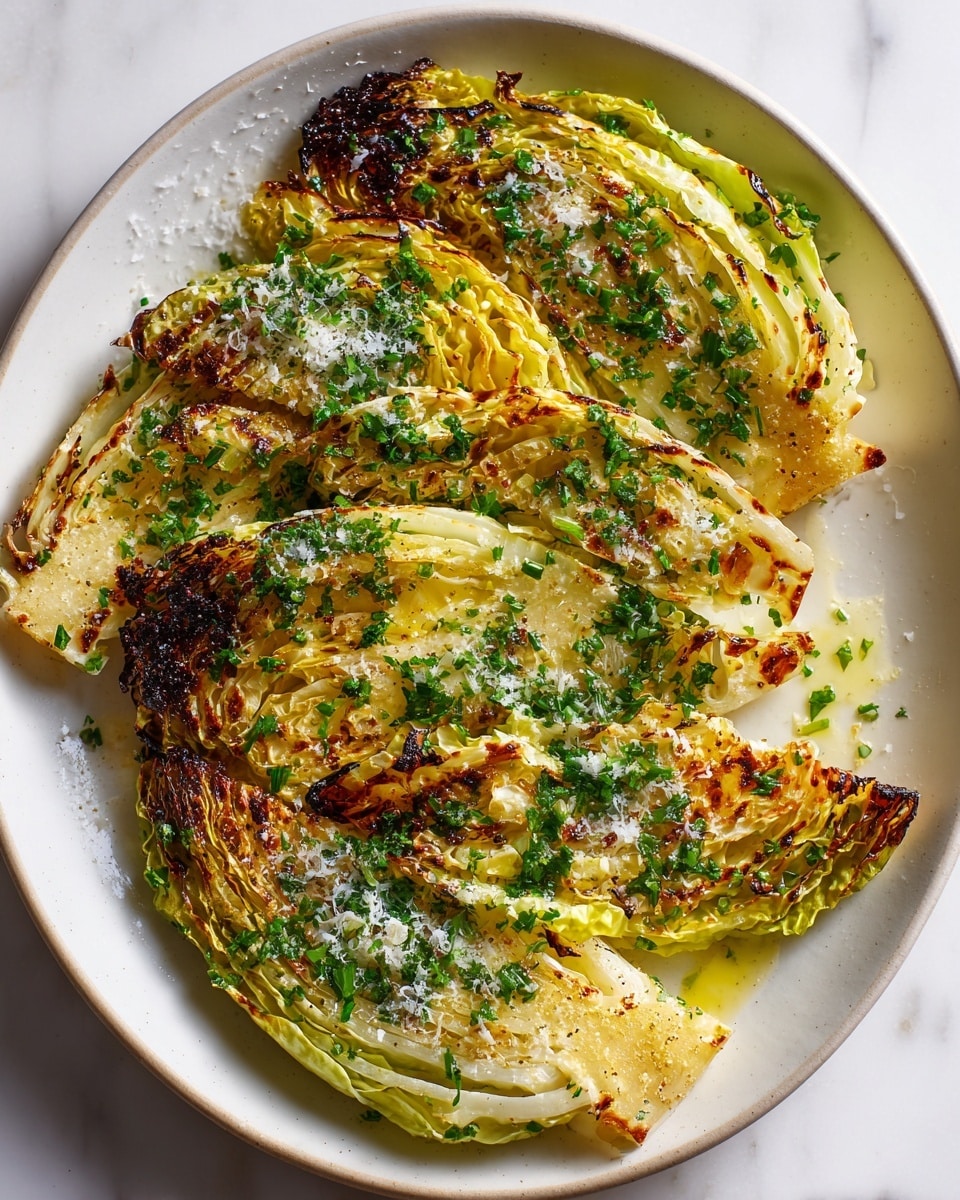 The dish shows five wedges of grilled cabbage placed on a white plate, each wedge featuring crispy, browned edges and tender yellow-green inner leaves. The pieces are coated with a glossy layer of olive oil, sprinkled generously with chopped fresh green herbs and finely grated white cheese, creating a fresh and savory appearance. The cabbage layers show some charred spots adding texture and color contrast, all set on a clean white marbled surface. Photo taken with an iphone --ar 4:5 --v 7