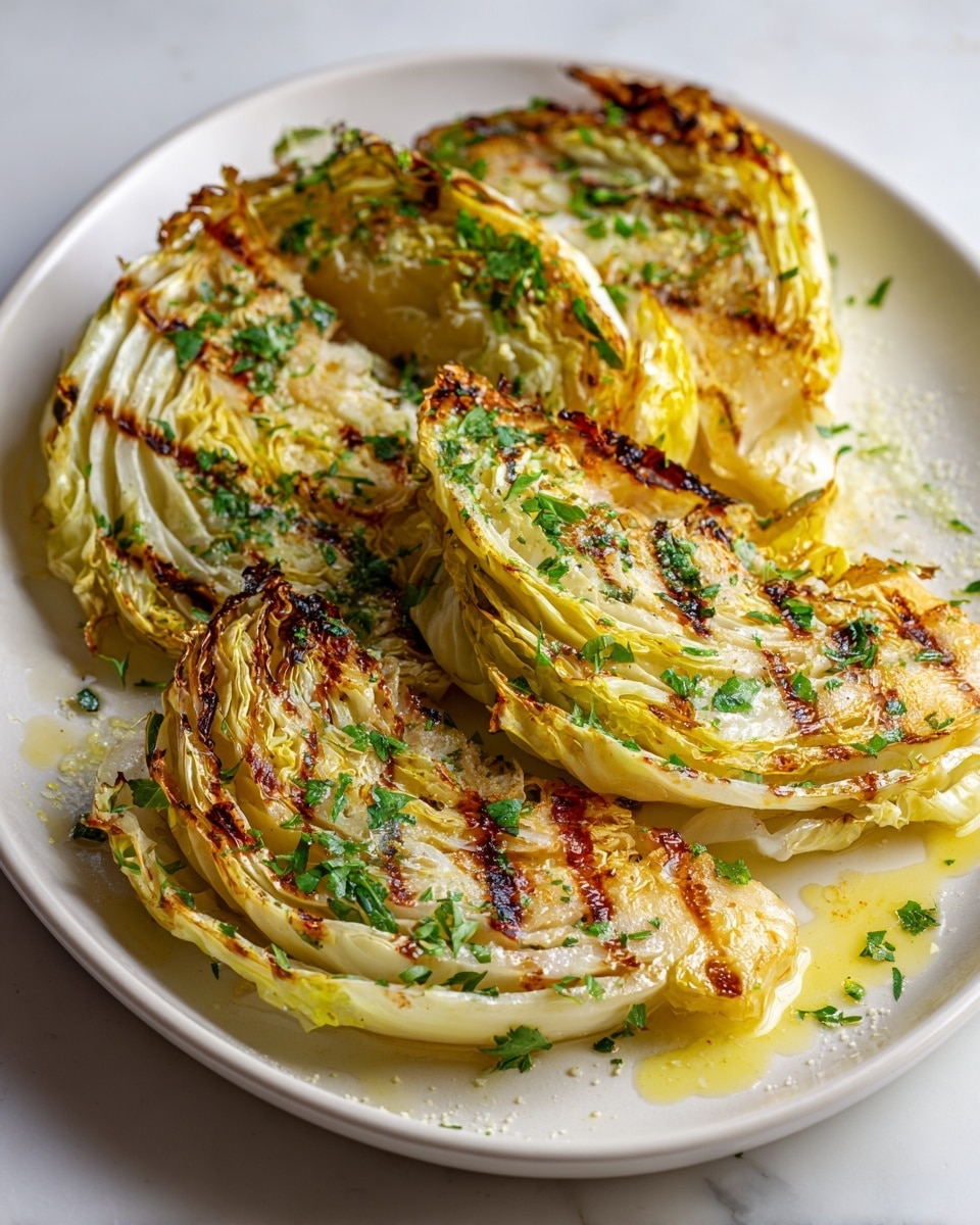 The dish shows five grilled cabbage wedges arranged on a white plate, each wedge thick with multiple layers visible. The top edges are golden brown and slightly charred, with a fresh green sprinkle of chopped herbs over all layers. The cabbage leaves show a mix of pale yellow, white, and brown tones where they are cooked. There is also a light drizzle of melted butter or oil pooling on the plate, adding a shiny texture. The white plate sits on a white marbled surface. Photo taken with an iphone --ar 4:5 --v 7