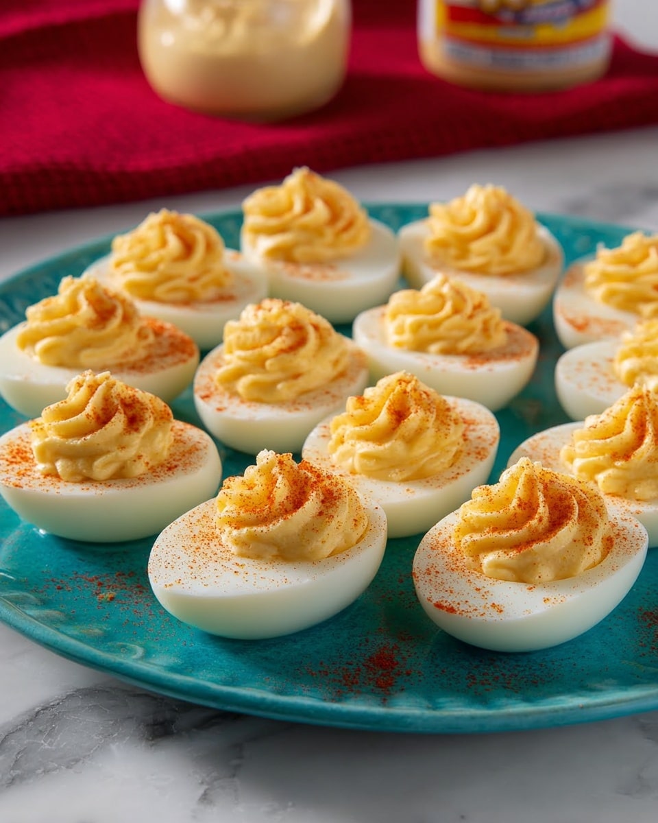 A white plate holds twelve deviled eggs arranged in rows. Each egg is cut in half, showing a smooth white base with a soft yellow filling piped in a spiral shape on top. The filling is lightly dusted with reddish-orange paprika powder. In the background, a red cloth and a jar of mayonnaise are slightly blurred, while the plate rests on a white marbled surface. photo taken with an iphone --ar 4:5 --v 7