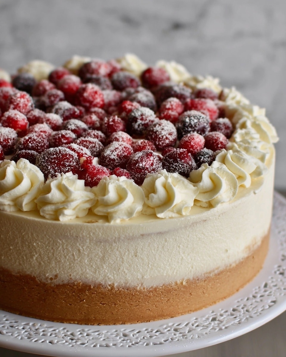 A creamy cake with three visible layers sits on a white lace-edged stand against a white marbled texture. The bottom layer is a solid light brown crust, the middle layer is a thick smooth off-white cream, and the top layer is whipped cream with soft swirls around the edge in a light ivory shade. The center is filled with a mix of sugared red and dark red cranberries that sparkle with sugar crystals. The whipped cream swirls form a neat border, creating a contrast with the bright berries in the middle. Photo taken with an iphone --ar 4:5 --v 7