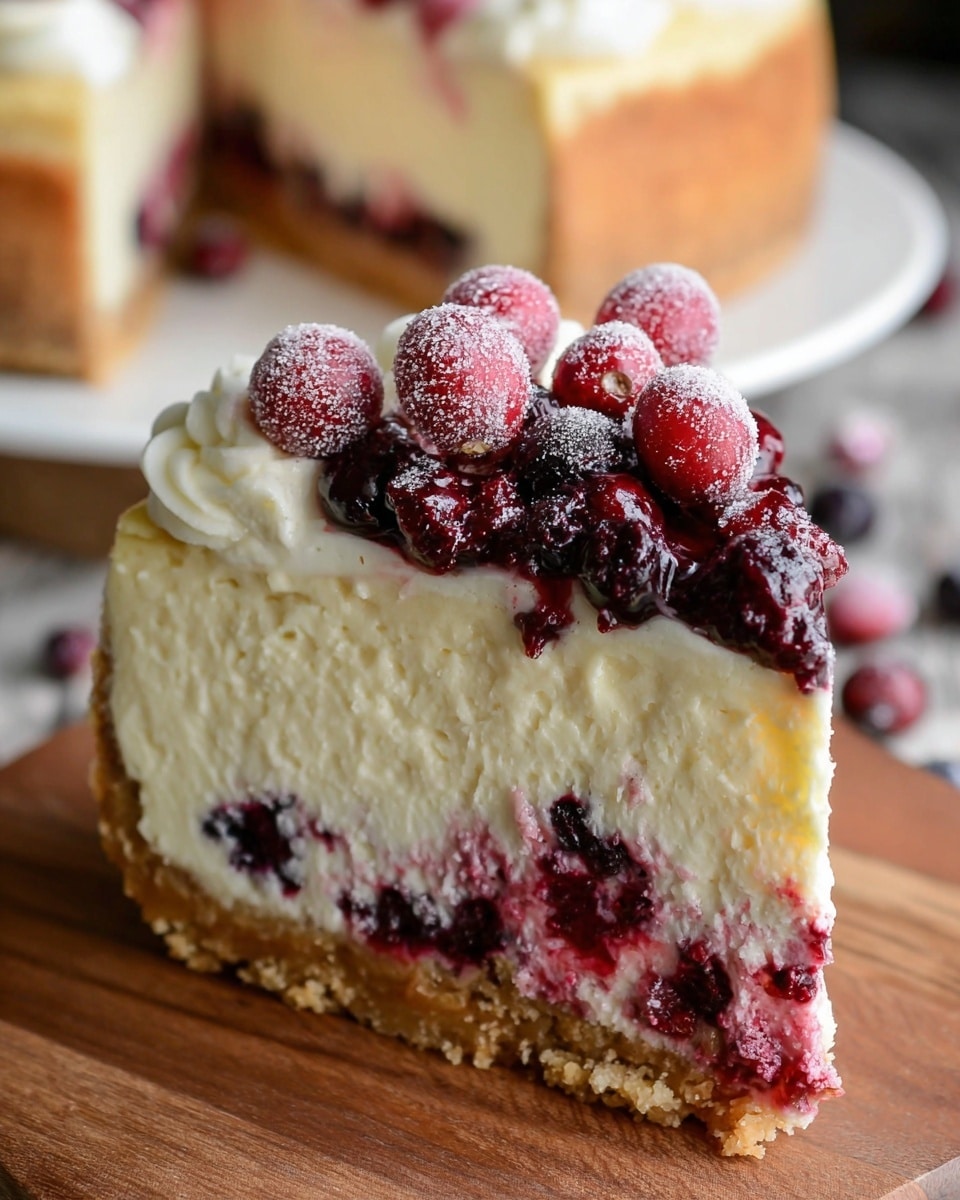 The image shows a close-up of a slice of cheesecake with four main layers. The bottom layer is a textured, light brown crumb crust. Above it is a thick, creamy pale yellow cheesecake layer that looks smooth and dense. On top of the cheesecake layer is a mixed berry layer with dark red and purple berries, appearing slightly juicy and adding a burst of color. The next layer is a thick, fluffy white cream that covers the berries partly. The top of the slice is decorated with whole sugared red cranberries with a frosty, grainy sugar coating, giving a fresh and vibrant look. The slice sits on a wooden surface with a blurred white plate holding the remaining cheesecake in the background. Photo taken with an iphone --ar 4:5 --v 7