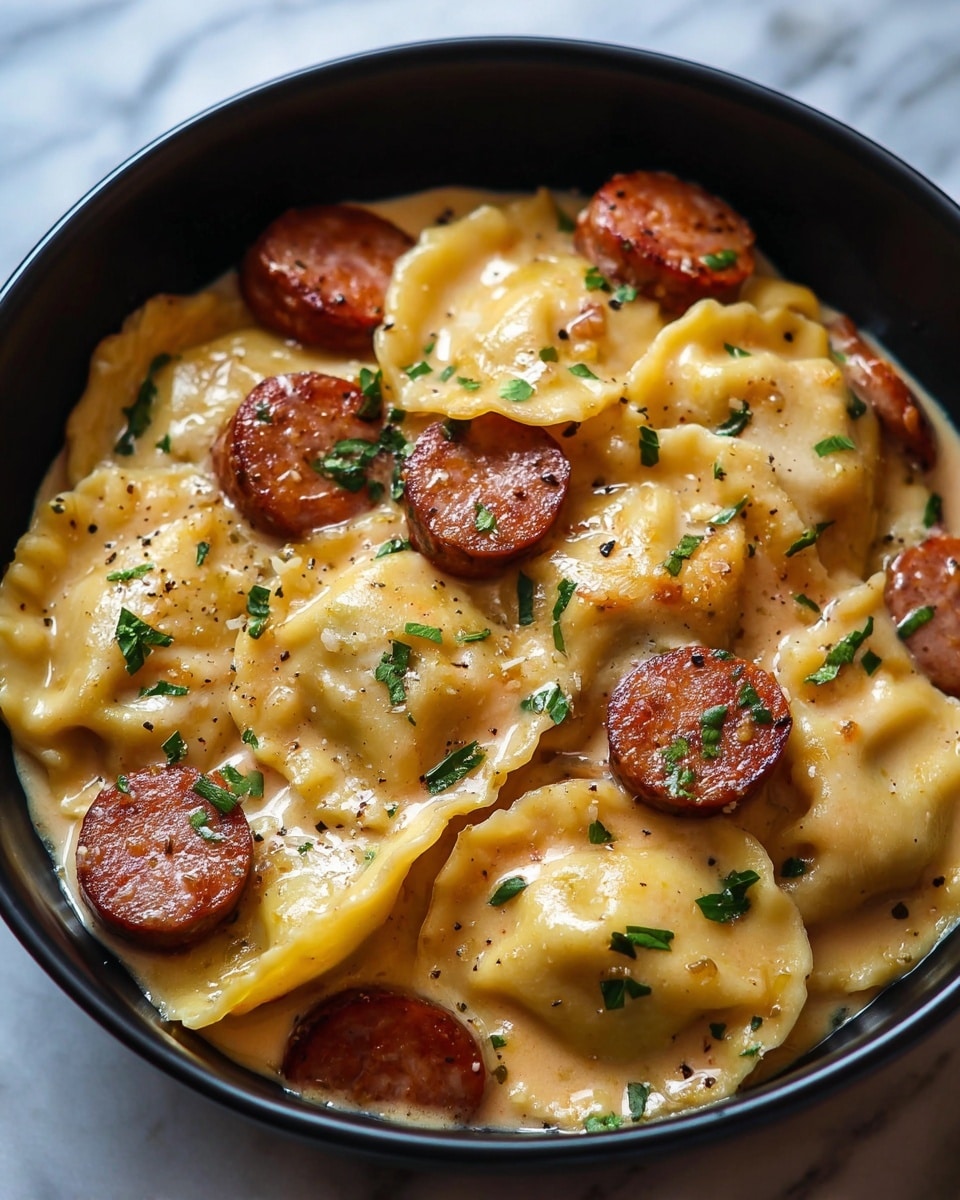 The image shows a black bowl filled with a creamy dish of ravioli and sausage slices. The ravioli are golden-yellow with slightly browned spots, soft and plump with crimped edges, arranged close together mostly covering the bottom layer. Among the ravioli, there are round, reddish-brown sausage pieces, some showing a slight crisp texture. The dish is sprinkled with small chopped green herbs, adding fresh color contrast. The creamy sauce around the pasta glistens, with a smooth light beige tone that coats the ravioli and sausage evenly. The bowl sits on a white marbled surface. photo taken with an iphone --ar 4:5 --v 7