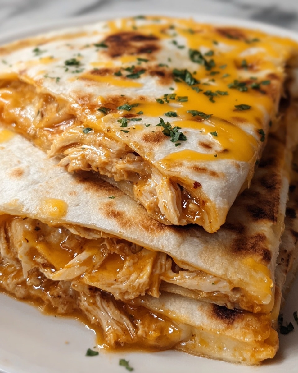 The image shows close-up of two quesadilla slices stacked on a white plate, each quesadilla having two visible layers of soft, slightly browned flour tortilla with a golden melted cheese layer between them. Inside the quesadilla, there are shredded pieces of light brown chicken mixed with a glossy, orange-tinted sauce that appears juicy and rich. The top tortilla layer has melted patches of yellow and orange cheese sprinkled with small bits of green herbs. The edges show some browned, crispy spots, adding texture contrast to the soft inside. The plate rests on a white marbled surface. photo taken with an iphone --ar 4:5 --v 7