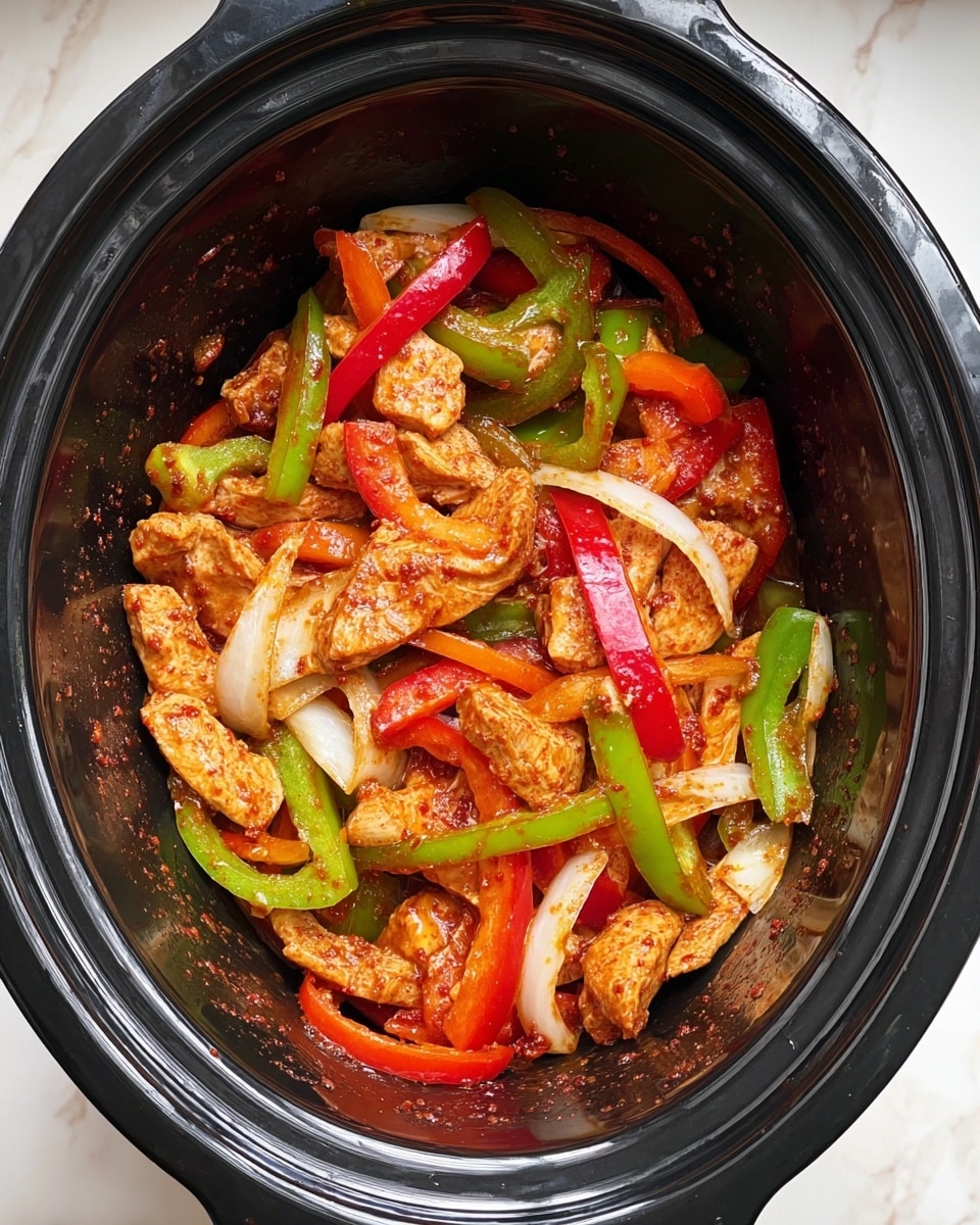 A white oval plate holds a vibrant chicken fajita dish with three main layers: the bottom layer has cooked green, red, and yellow bell pepper strips mixed with translucent cooked onion slices; the middle layer features well-seasoned brown chicken strips scattered throughout; the top layer includes fresh green cilantro leaves sprinkled on the chicken and veggies, with two lime wedges placed at the top edge and three avocado slices positioned at the bottom right edge of the plate; a bunch of cilantro rests at the bottom left edge. The plate sits on a white marbled surface with part of a beige cloth visible at the top left corner and a white bowl holding tortillas at the top right corner. photo taken with an iphone --ar 4:5 --v 7
