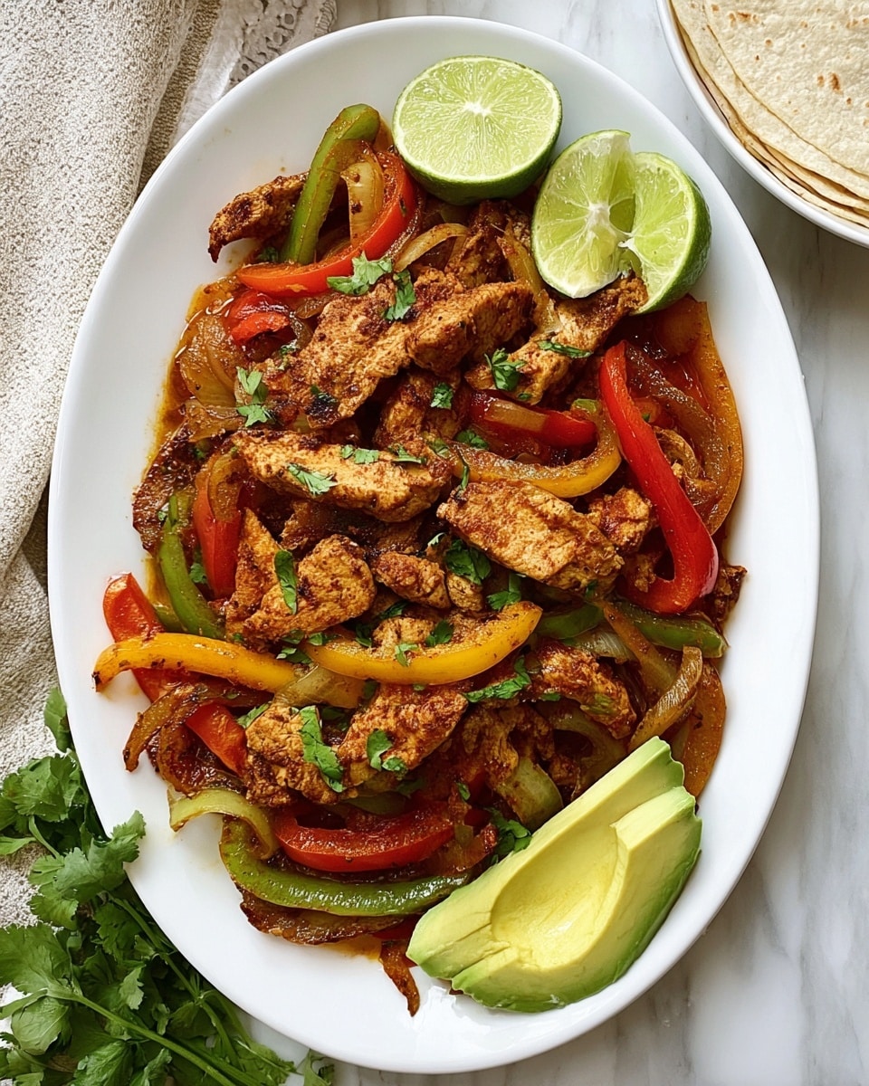 A close-up view of a black slow cooker filled with a mix of cooked chicken strips and sliced bell peppers in green, red, and orange colors, along with slices of white onions. The chicken pieces have a light brown color with a slightly glazed texture, mixed evenly with the vibrantly colored vegetables, all coated in a reddish seasoning or sauce that adds a glossy shine. The inside of the slow cooker has small bits of sauce around the sides. The slow cooker is placed on a white marbled surface. photo taken with an iphone --ar 4:5 --v 7