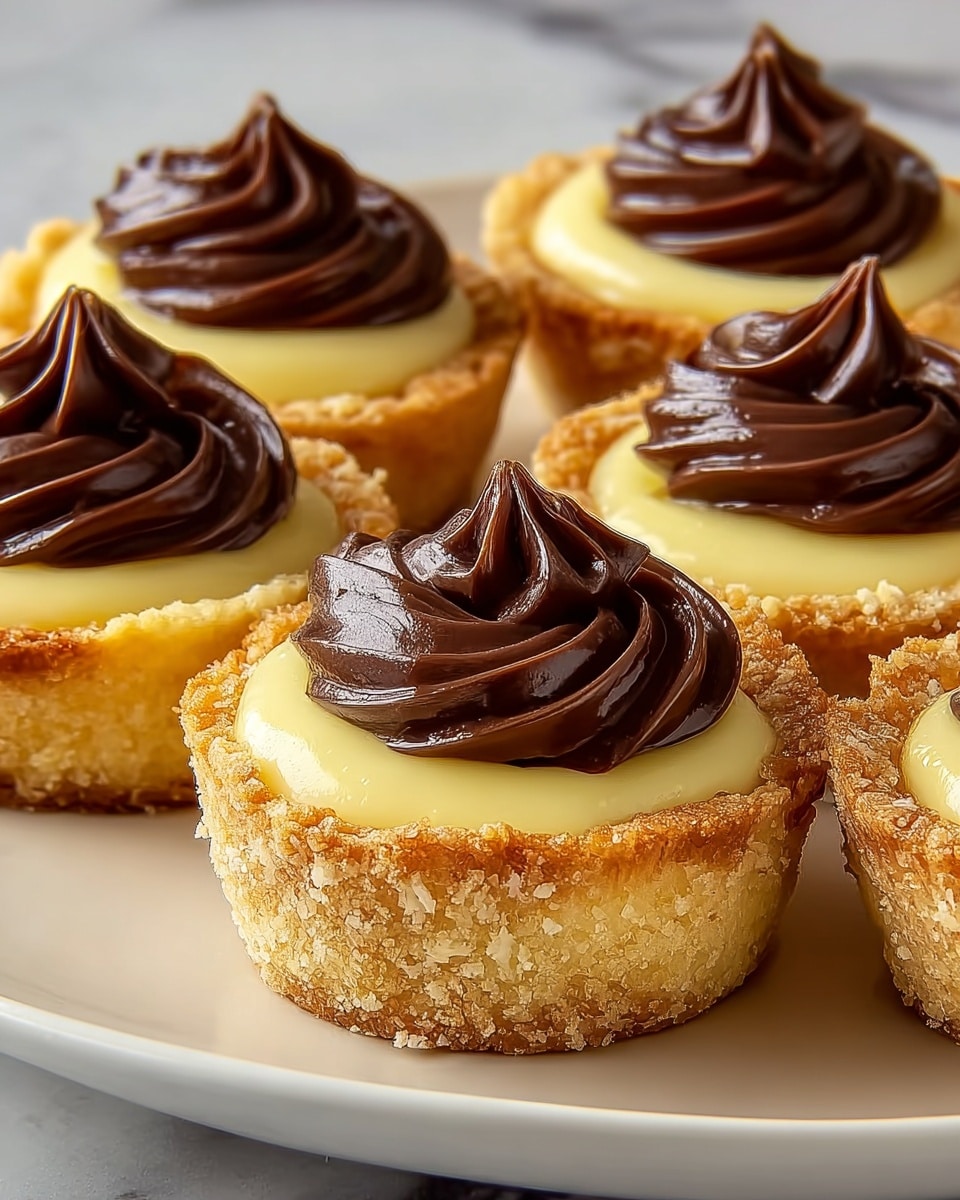 The image shows several small dessert cups arranged on a white plate placed on a white marbled surface. Each dessert has three layers: the bottom is a golden-brown crumbly crust with a rough texture formed into small cup shapes, the middle layer is a smooth pale yellow cream filling that fills the crust fully, and the top layer is a glossy dark chocolate swirl piped thickly with a shiny finish and pointed peak on each. The desserts are closely packed, showing a clear contrast between the light crust, creamy filling, and dark chocolate topping. photo taken with an iphone --ar 4:5 --v 7