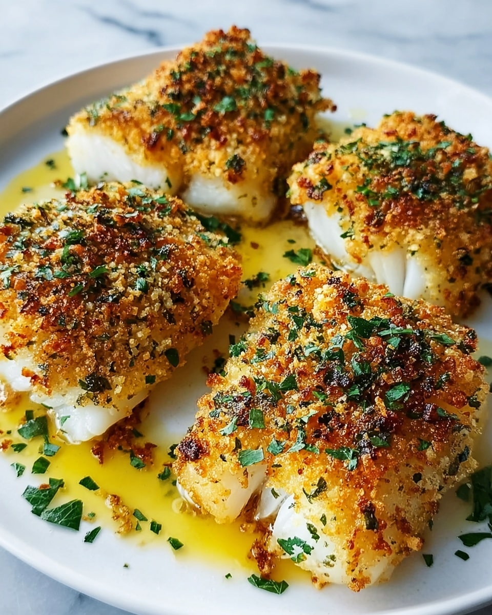 The image shows four pieces of golden brown, crispy breaded fish resting on a white plate. Each piece has a crunchy-looking outer layer with breadcrumbs and herbs giving a speckled texture of light and dark browns mixed with green from chopped parsley. The fish inside looks white, flaky, and tender, visible beneath the crust. Small pools of melted butter surround the fish pieces on the plate, adding a shiny, yellow gloss. The plate is set against a white marbled textured background, enhancing the warm tones of the fish. photo taken with an iphone --ar 4:5 --v 7