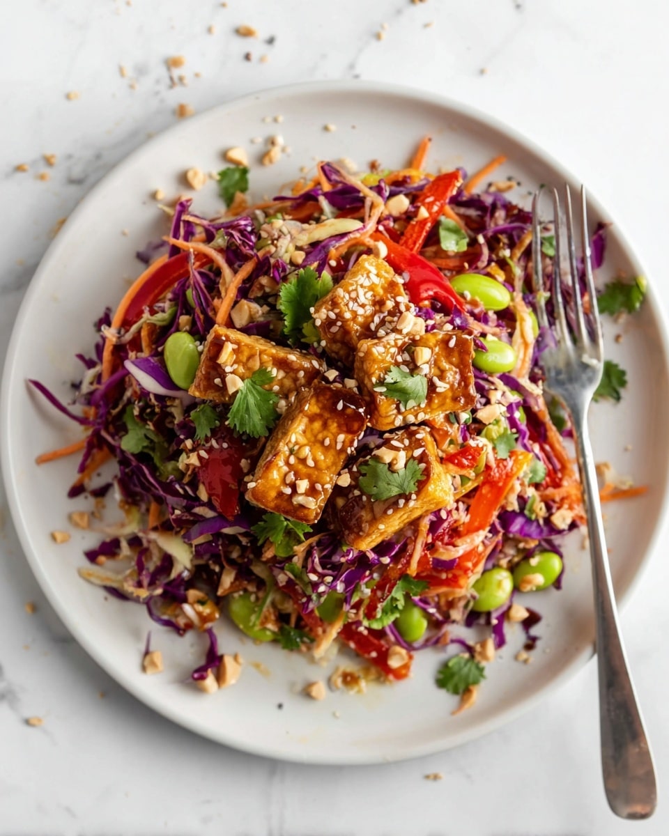 A white plate holds a colorful layered dish, starting with a base of shredded purple and light green cabbage mixed with thin orange carrot strands. On top are bright red bell pepper slices and small green edamame beans scattered across. There are several small rectangular pieces of golden-brown glazed tempeh placed evenly. The dish is sprinkled with white sesame seeds, crushed peanuts, and chopped green cilantro leaves, adding texture and freshness. A silver fork rests on the right side of the plate, all set on a white marbled surface. Photo taken with an iphone --ar 4:5 --v 7