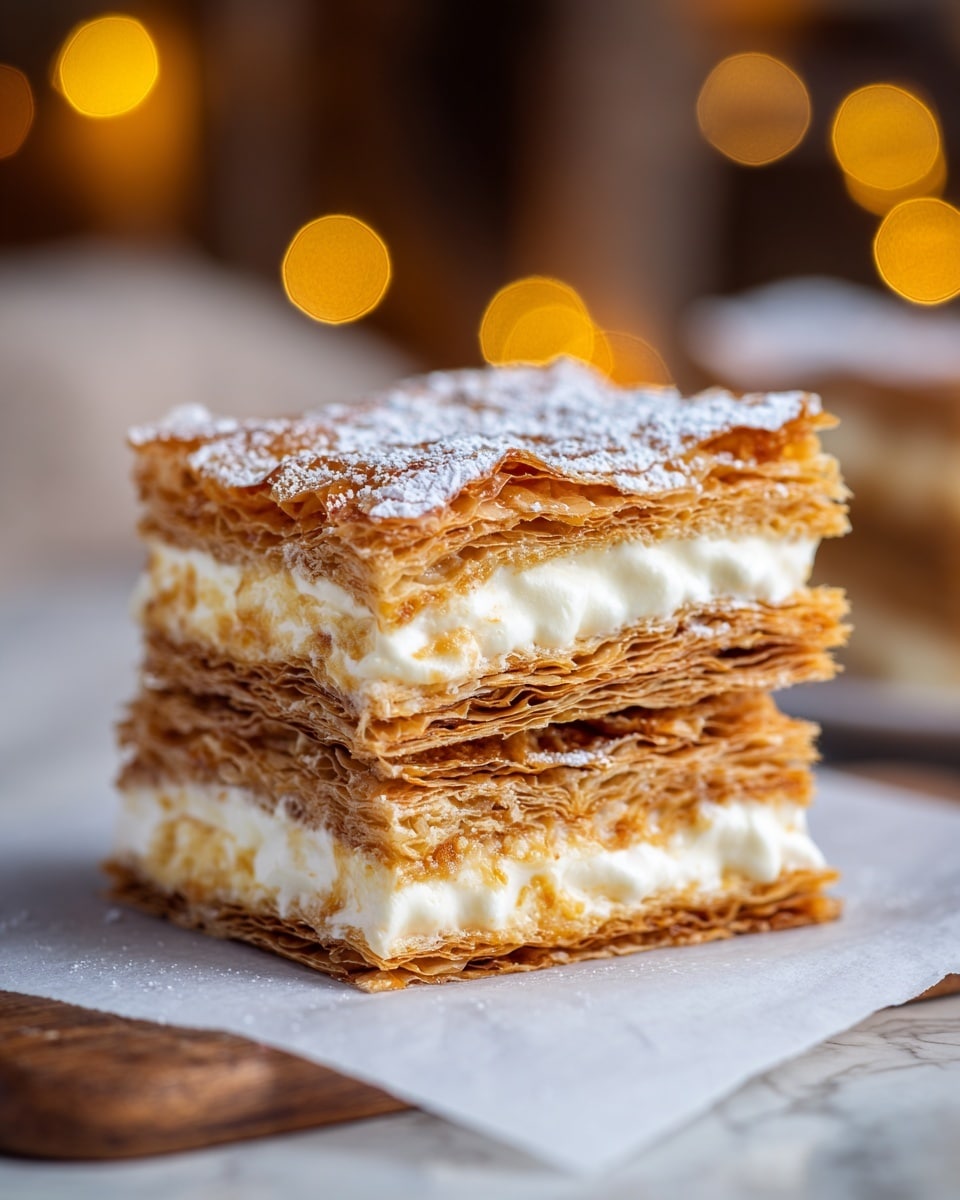 The image shows a stack of three layered pastry squares on a sheet of white parchment paper. Each layer has a crispy golden-brown top and bottom crust with a shiny, caramelized texture. Between the layers, there is a thick, creamy white filling that looks smooth and soft. A light dusting of powdered sugar is sprinkled over the top crust, adding a delicate white detail. The background has a warm, blurred effect with soft yellow lights, and the surface underneath is a white marbled texture. photo taken with an iphone --ar 4:5 --v 7