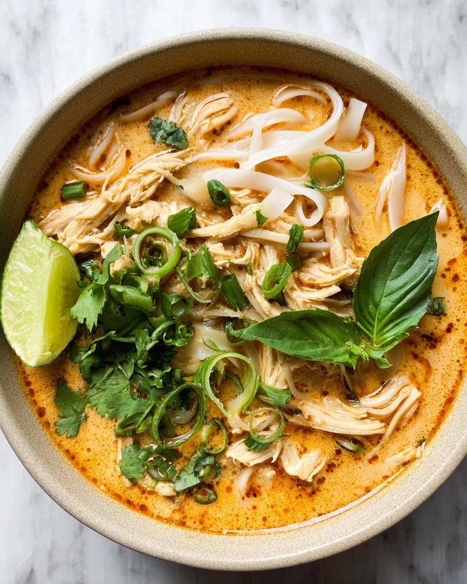 The image shows a close-up of a creamy orange soup with bits of green herbs scattered on top. A black ladle in the center lifts out some pale white noodles mixed with small shredded pieces of chicken, surrounded by the rich soup with a smooth, slightly oily texture. The soup has a vibrant orange color with specks of red and black spices, and fresh green cilantro leaves and small chopped spring onions float throughout, adding a fresh contrast. The scene is set on a white marbled surface. photo taken with an iphone --ar 4:5 --v 7