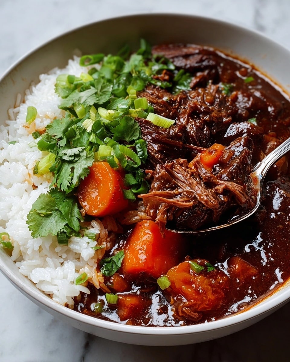 In a white bowl on a white marbled surface, there is a dish with three visible layers: a base layer of fluffy white rice on the left, a thick and rich dark brown stew with chunks of orange carrots and pieces of tender shredded beef in the middle and right side, topped with fresh green chopped scallions and sprigs of cilantro. A silver spoon is partly dipped into the stew on the right side of the bowl, catching some of the beef and carrot pieces. The stew looks glossy and juicy with a thick sauce. Photo taken with an iphone --ar 4:5 --v 7