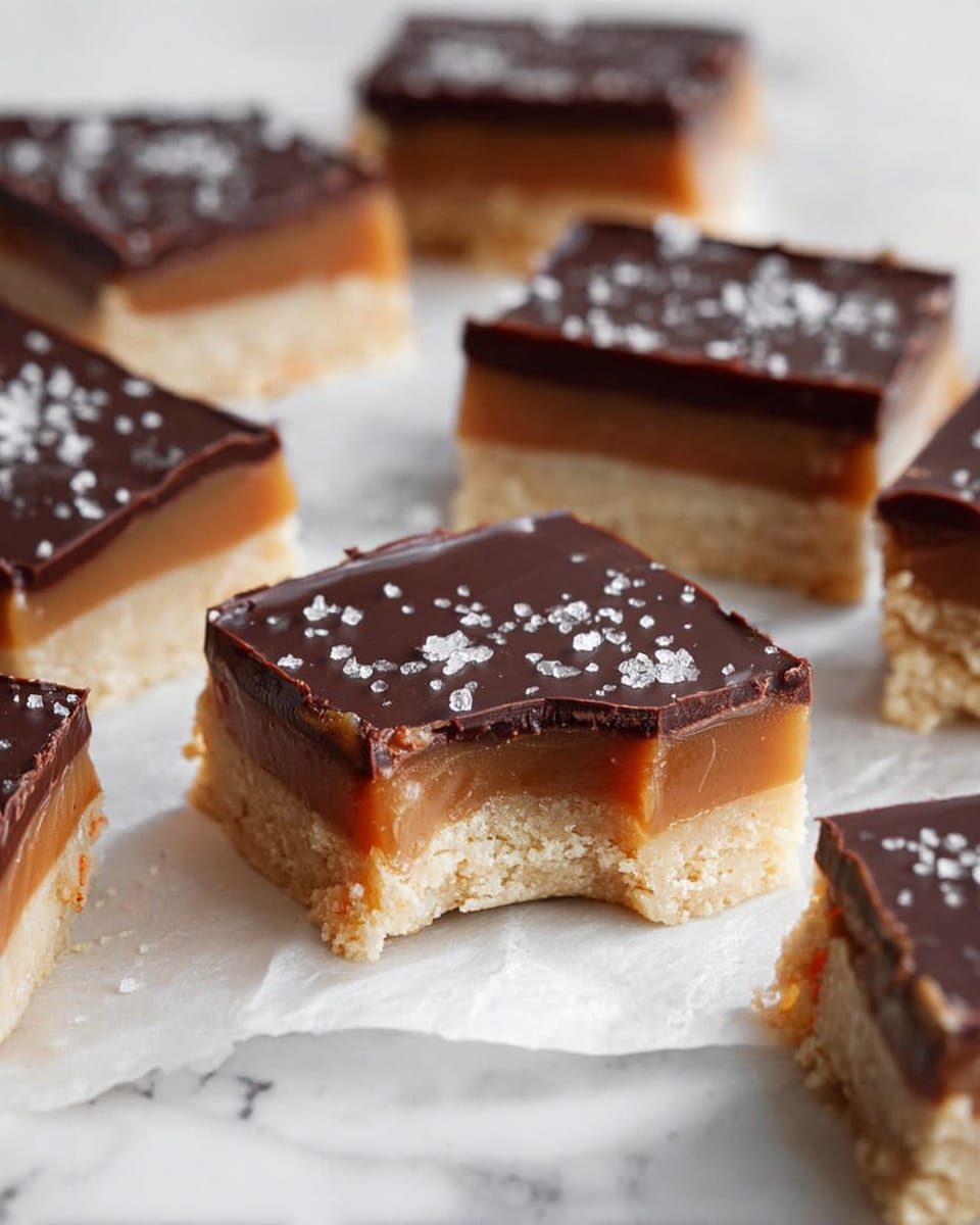The image shows several square dessert bars with three distinct layers placed on white parchment paper over a white marbled surface. The bottom layer is a light, crumbly shortbread crust in pale beige, smooth and even. The middle layer is a thick, caramel-colored filling with a soft, glossy texture. The top layer is a dark chocolate glaze with a shiny surface, sprinkled with coarse white salt flakes. One square in the center has a bite taken out of it, revealing all three layers clearly. More squares, some out of focus, are scattered around the main piece. Photo taken with an iphone --ar 4:5 --v 7