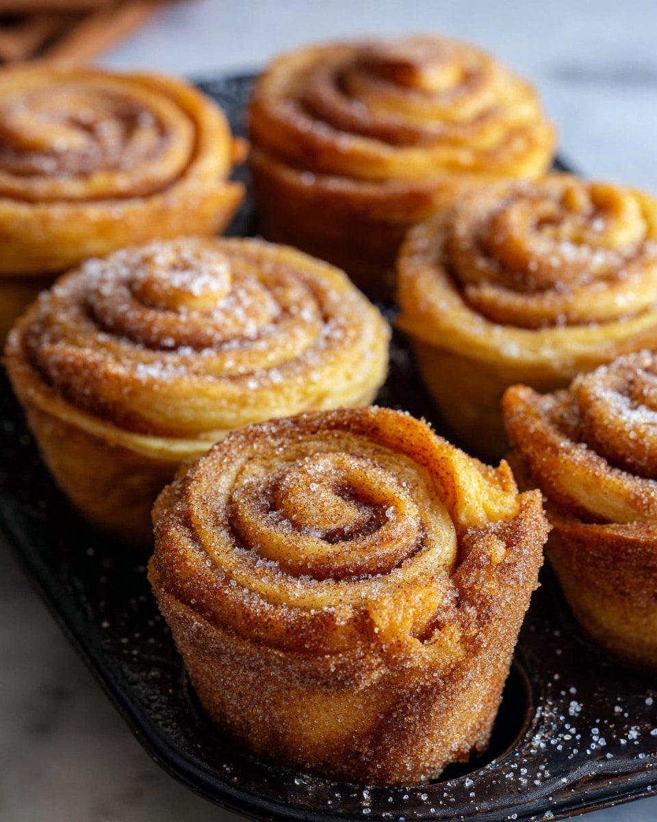 The image shows six cinnamon roll cupcakes arranged close together on a black cast iron pan, with one cupcake in front and clearly visible. Each cupcake has about five to six layers of golden brown dough spiraled tightly, with a visible sugar and cinnamon coating that gives a textured, slightly crunchy look. The top of each cupcake is swirled upwards in a circular pattern, showing deeper golden and light brown colors with some granulated sugar sprinkled over. The pan rests on a white marbled surface. photo taken with an iphone --ar 4:5 --v 7