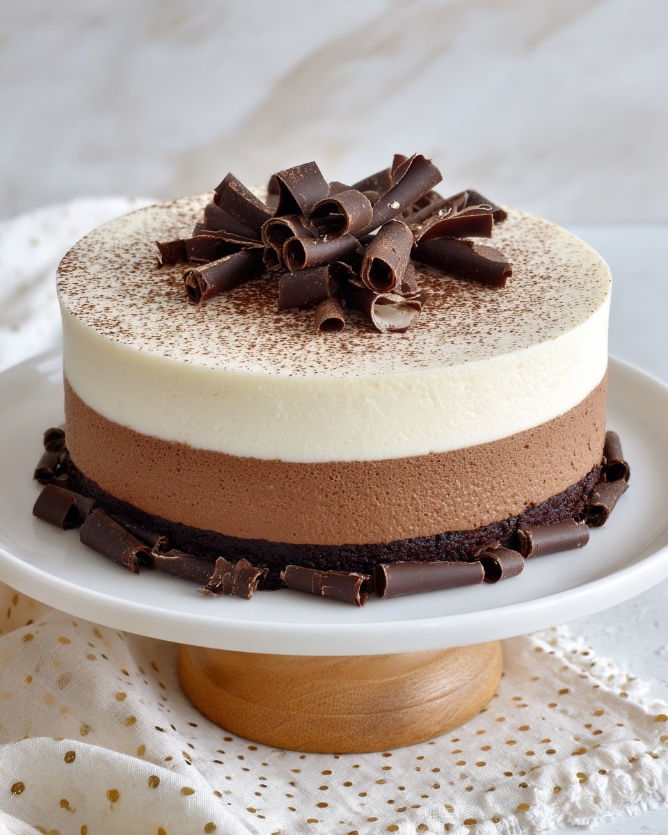 The image shows a round, layered mousse cake with three visible layers sitting on a white plate, which is on top of a wooden cake stand. The bottom layer is dark brown, smooth, and dense, likely a chocolate cake base. The middle layer is a lighter brown, creamy mousse with a smooth texture. The top layer is thick and white, with a smooth finish and a light sprinkle of cocoa powder on top. The cake is decorated with multiple dark brown chocolate curls placed in the center on top, and a ring of broken chocolate curls around the base edge on the white plate. The background is a white marbled surface with a soft textured cloth beneath the cake stand in light cream with gold dots. Photo taken with an iphone --ar 4:5 --v 7
