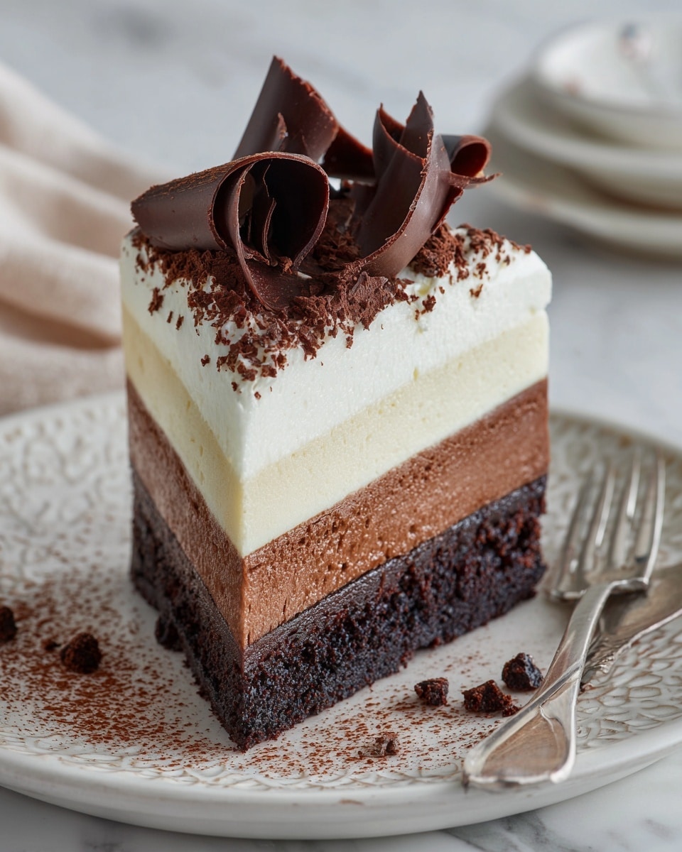 A slice of layered cake sits on a white plate with a decorative edge, placed on a white marbled surface. The cake has four visible layers: a dark, crumbly chocolate base at the bottom, a thin, smooth dark chocolate layer above it, followed by a thicker, creamy milk chocolate mousse layer, and topped with a thick, smooth white cream layer. On top of the cake are several curled dark chocolate shavings, with a dusting of cocoa powder scattered over the top and some on the plate. Next to the plate is a silver fork, slightly blurred in the background. Photo taken with an iphone --ar 4:5 --v 7