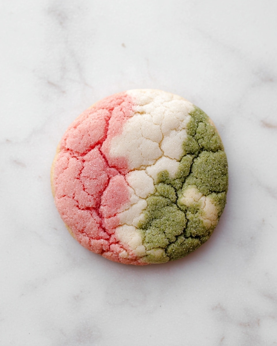 A round cookie with three distinct sections, each a different color and texture: a pink cracked section on the top left, a white smooth section in the middle, and a green textured section on the bottom right; the cookie rests on a white marbled surface. photo taken with an iphone --ar 4:5 --v 7