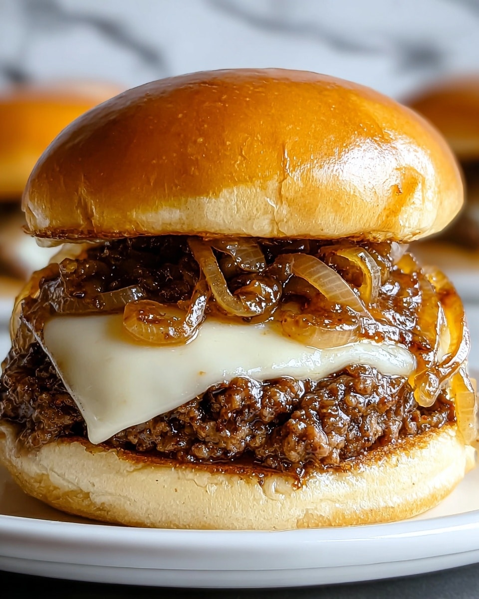 A close-up view of a juicy sandwich with three main layers inside a soft, shiny golden-brown bun. The bottom layer is a thick, light beige bun base, topped with a dark brown, textured loose ground meat patty soaked in rich sauce. On top of the meat is a slice of melted white cheese that gently folds over the meat. Above the cheese, there are translucent, caramelized onion rings with a shiny, golden brown glaze. The sandwich is placed on a white plate set against a white marbled texture background. photo taken with an iphone --ar 4:5 --v 7