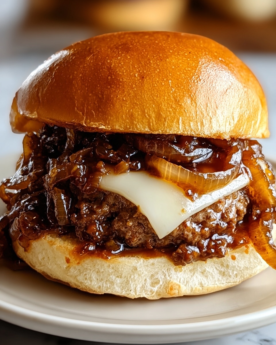A close-up view of a sandwich on a white plate with a white marbled texture background, showing a soft, shiny golden-brown top bun, underneath which are caramelized, translucent onions with a glossy, dark sauce, a melted white cheese slice slightly oozing, and a juicy-looking ground beef patty soaked in the savory sauce sitting on a soft pale bottom bun. The textures range from smooth and shiny on the bun to tender and saucy on the meat and onions. Photo taken with an iphone --ar 4:5 --v 7