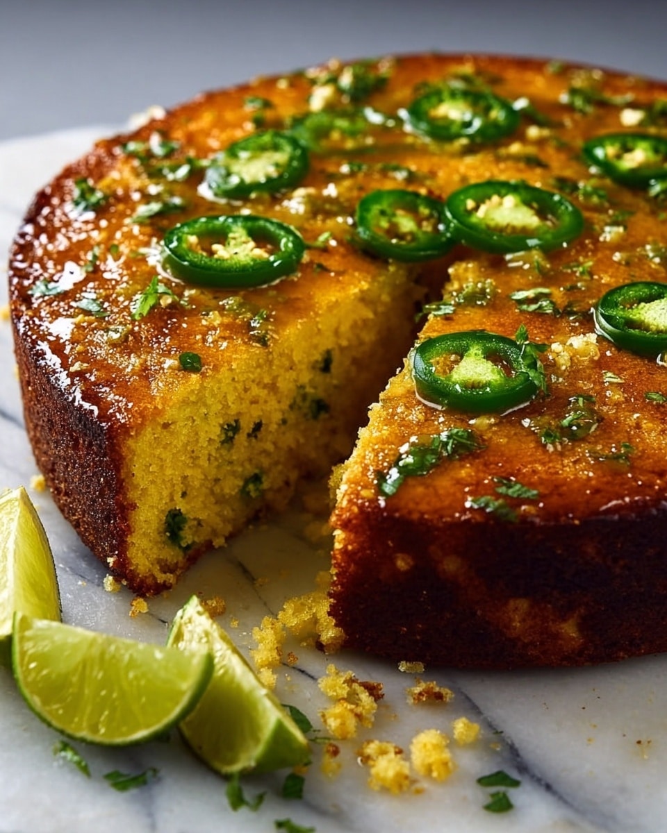 A round golden brown cornbread with a moist and crumbly texture is placed on a white marbled surface. The top layer is shiny with a glaze and decorated with thin slices of fresh green jalapeño peppers and small pieces of chopped herbs scattered across. One slice is cut and slightly separated from the whole, showing the soft crumb inside with herbs mixed in. On the side, a wedge of light green lime and some loose crumbs add detail to the scene. Photo taken with an iphone --ar 4:5 --v 7