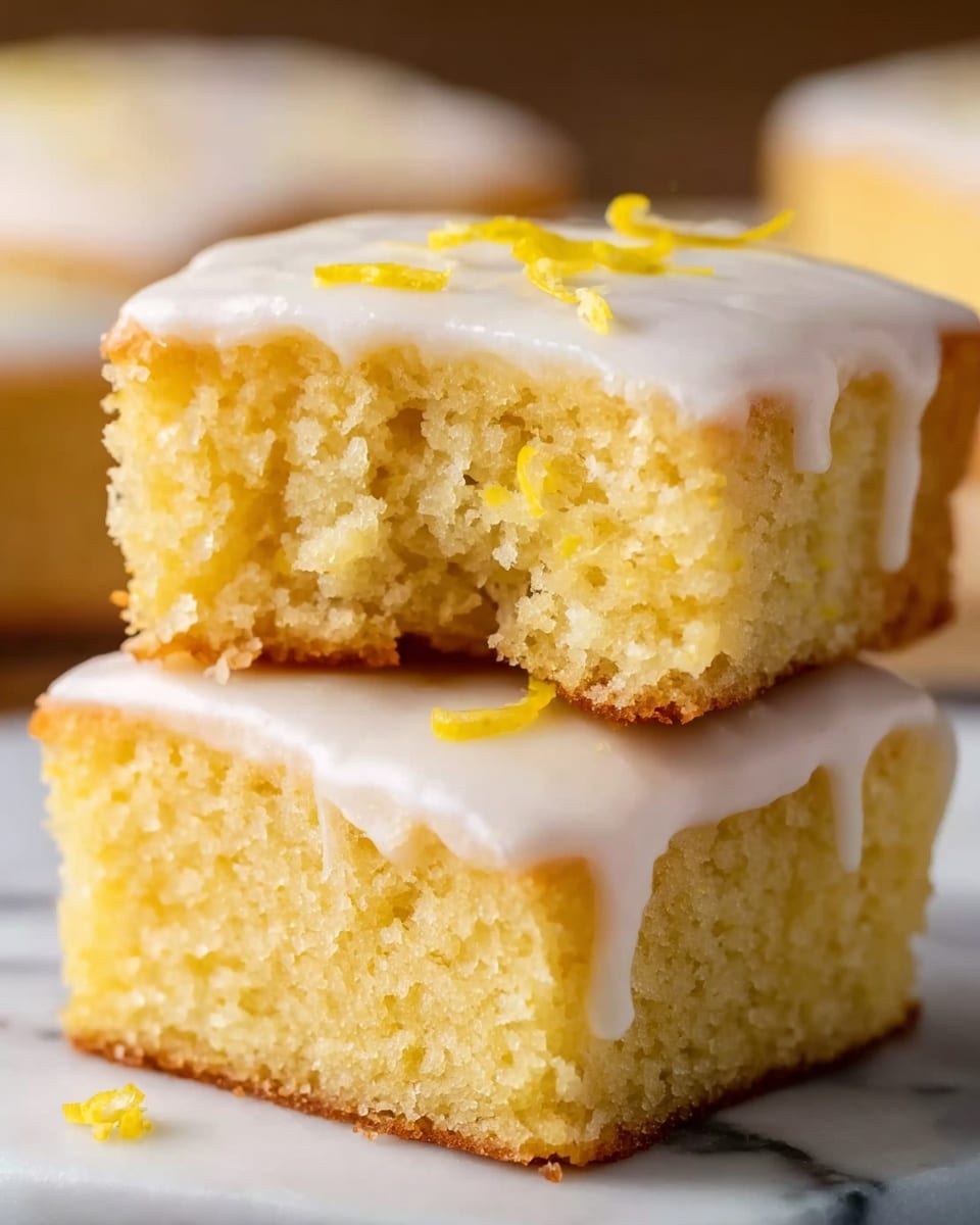 Two square yellow lemon cake pieces stacked on top of each other on a white marbled surface. The bottom cake shows a soft, moist texture with a smooth, white icing layer dripping slightly down the sides. The top cake has a bite taken out, revealing a light, fluffy interior with a crumbly texture. Both pieces have thin bits of yellow lemon zest scattered on top of the icing. In the background, there are blurred similar cake pieces. Photo taken with an iphone --ar 4:5 --v 7