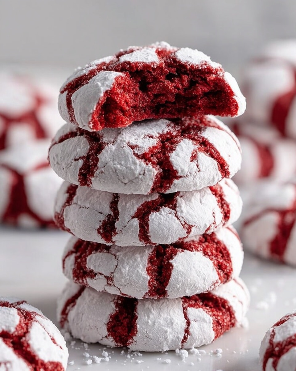 The image shows a stack of five round red velvet crinkle cookies with deep red soft centers and thick white powdered sugar coating cracked on the top of each cookie, revealing the moist red inside through fractured white layers. The top cookie is broken into pieces with one piece resting on the stack, showing a soft, airy, crumbly red texture inside. These cookies are on a white marbled surface with more of the same cookies softly blurred in the background. photo taken with an iphone --ar 4:5 --v 7