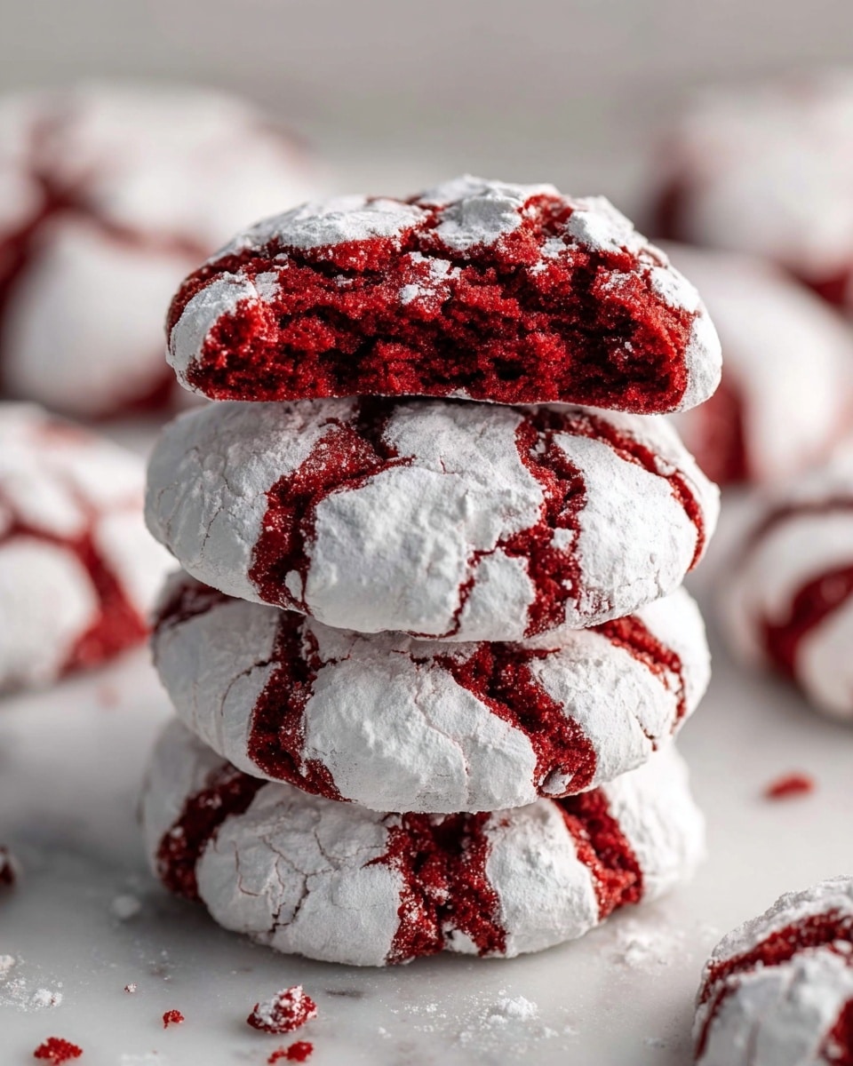 A stack of four red velvet crinkle cookies is shown, each cookie coated with a thick white powdered sugar layer creating deep cracks that reveal the rich red crumb inside. The top cookie is broken in half, showing the soft, chewy texture of the red interior against the slightly crisp outer sugar shell. More cookies are blurred in the background, placed on a white marbled surface with a few crumbs scattered around. photo taken with an iphone --ar 4:5 --v 7