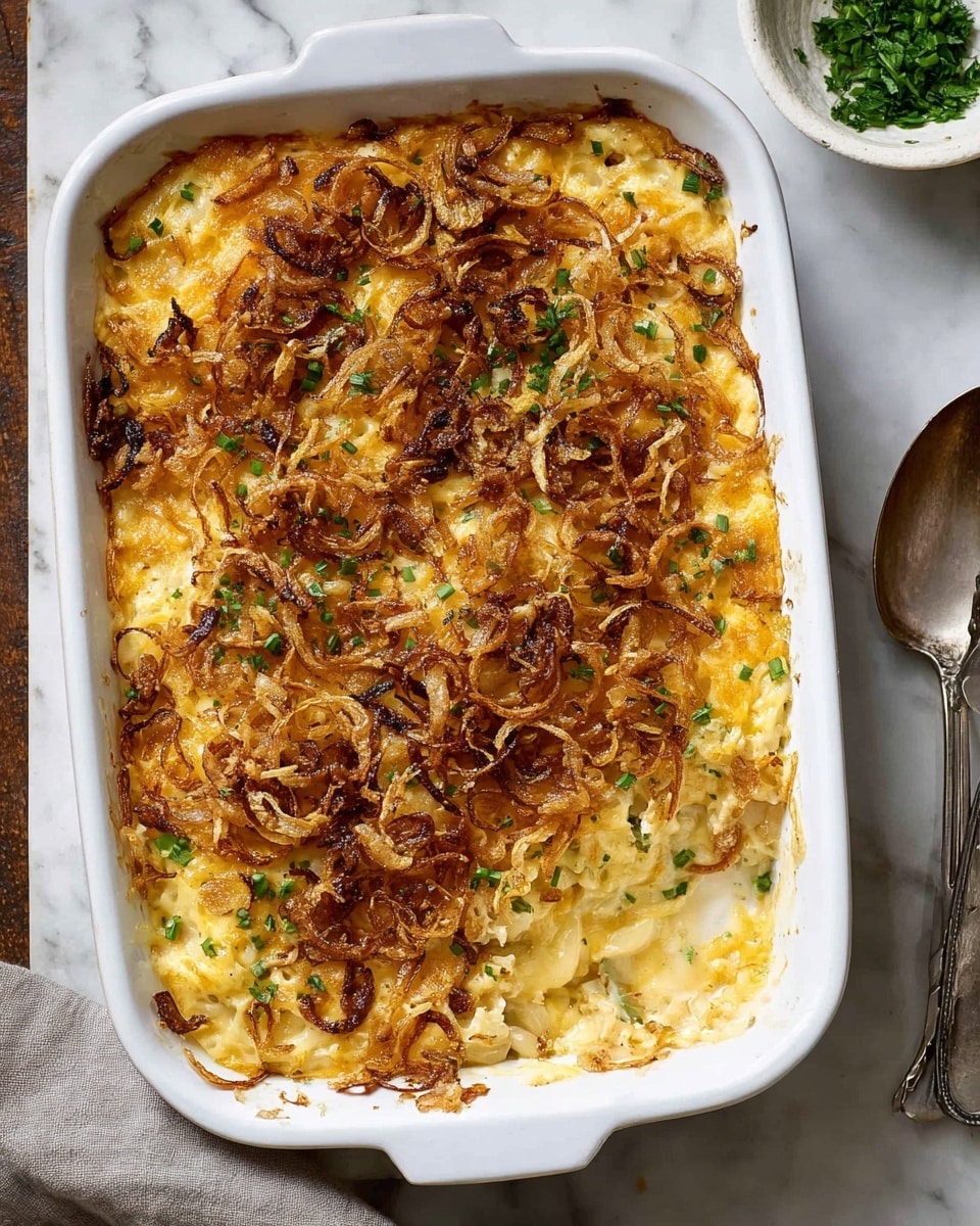A close-up of a black plate filled with a creamy dish featuring soft, chunky white pieces of cooked potatoes covered in melted yellow and white cheese layers. Crispy, thin, golden-brown fried onion rings are scattered on top, adding texture and a slight crunch. Small green herb bits are lightly sprinkled over the dish. The plate is set on a white marbled surface, with an old-fashioned silver fork resting on the right side of the plate. Photo taken with an iphone --ar 4:5 --v 7