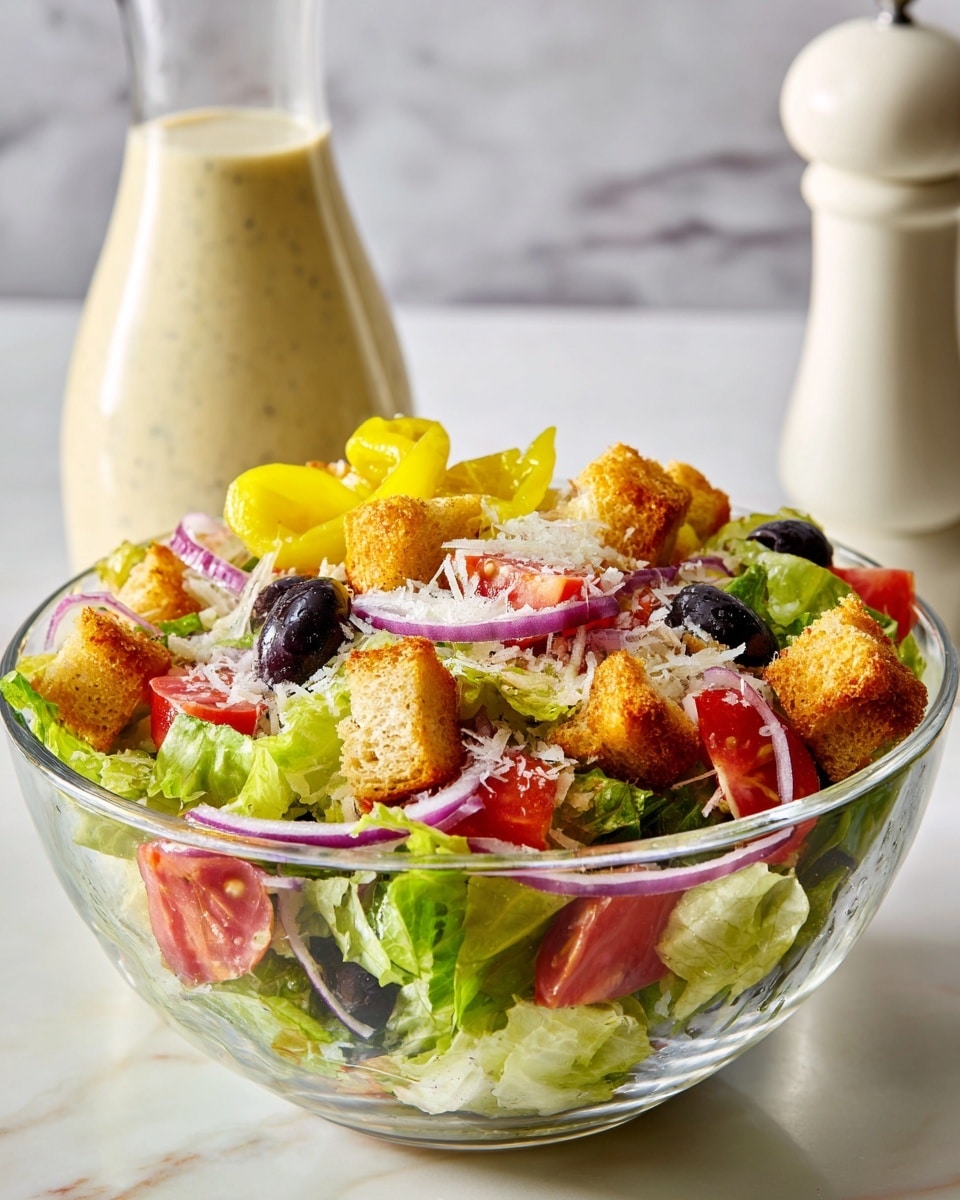 A clear glass bowl filled with a fresh salad sits on a white marbled surface, showing multiple layers starting with light green lettuce at the bottom, followed by thin slices of red tomatoes, rings of purple onions, shiny black olives, and chunks of golden brown croutons scattered on top. Two bright yellow pepperoncini peppers lay atop the salad, while a sprinkle of finely grated white cheese covers the ingredients lightly. In the background, a tall glass bottle with creamy salad dressing is visible, and to the right, part of a white pepper grinder is seen. Photo taken with an iphone --ar 4:5 --v 7