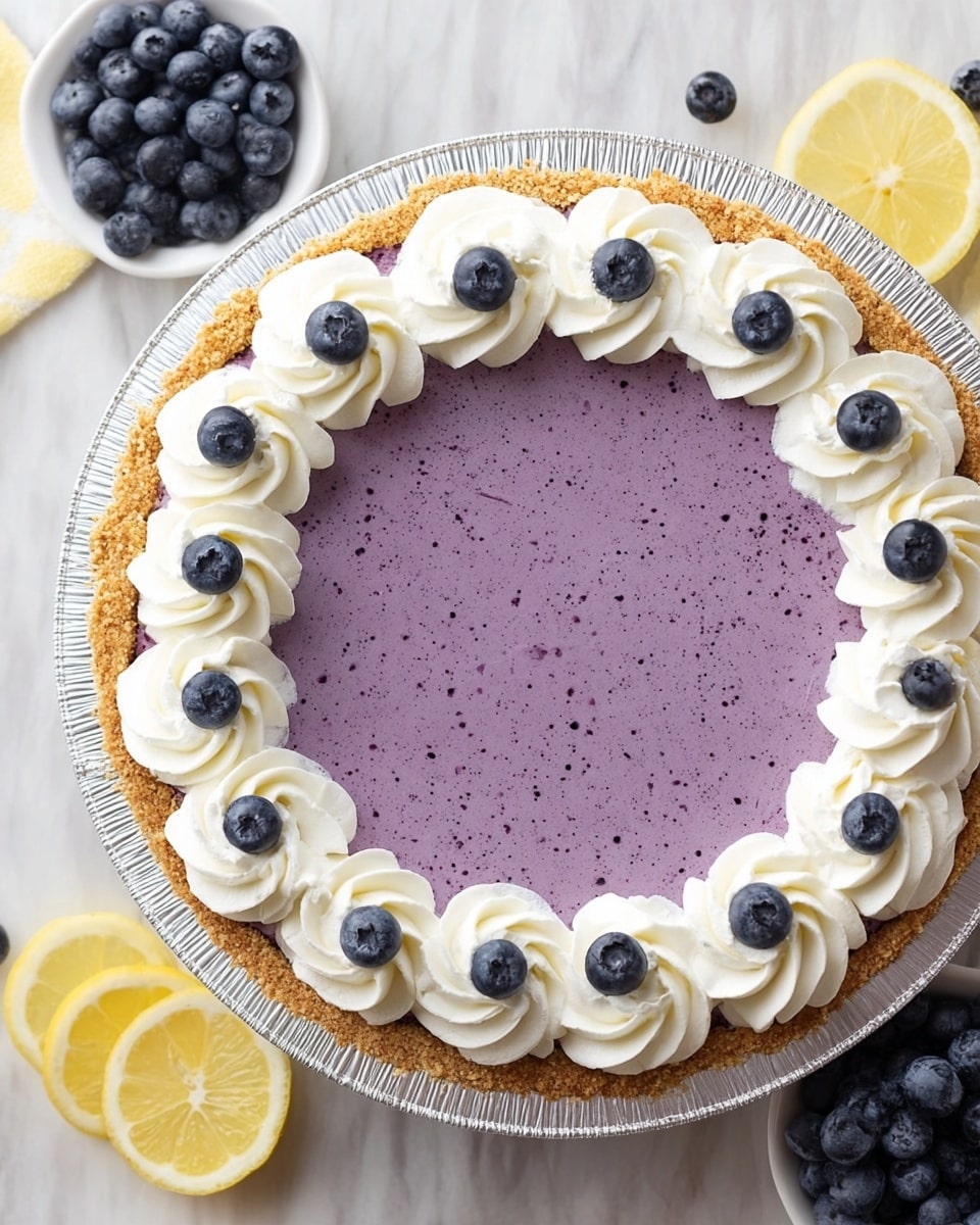 A round pie with a light golden brown crust sits in a silver foil pan. The filling is a smooth, purple layer covered with tiny darker purple specks. Around the edge, there are eleven white whipped cream swirls evenly spaced, each topped with a single fresh blueberry. The pie is placed on a white marbled surface, with some lemon slices, whole blueberries, and a small white bowl of blueberries scattered around it. photo taken with an iphone --ar 4:5 --v 7
