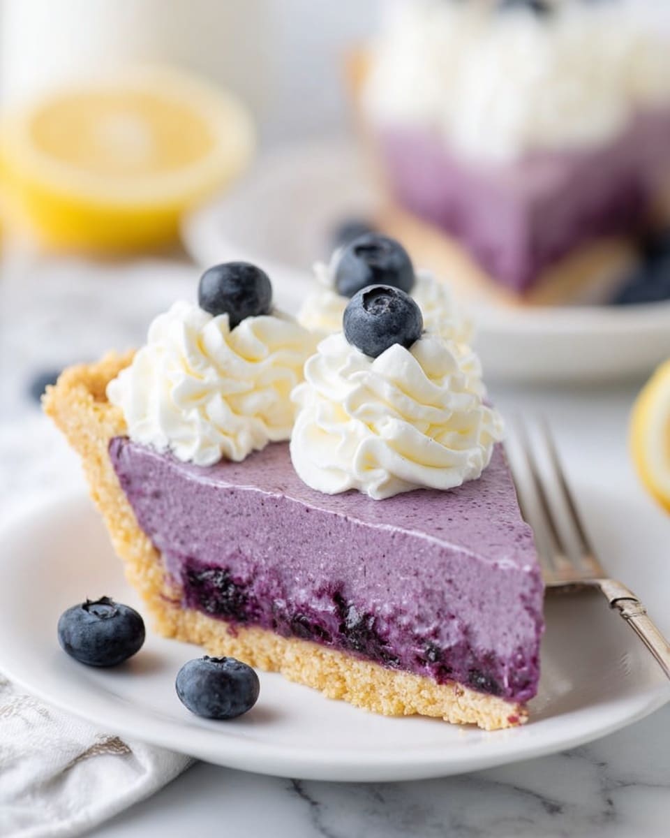 A single slice of blueberry pie is shown on a white plate over a white marbled surface. The pie has two layers: a thick base crust with a slightly crumbly, golden-brown texture, and a thick, smooth, creamy purple blueberry filling layer on top. On the top surface of the pie slice are two swirls of white whipped cream, each topped with a fresh dark blueberry. In the background, another slice of the same pie on a white plate with a silver fork and a lemon wedge are visible but out of focus. Photo taken with an iphone --ar 4:5 --v 7