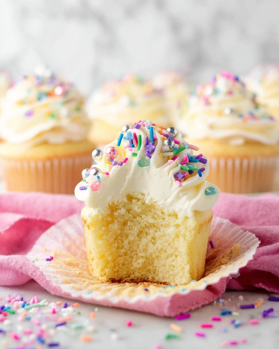 A close-up of a vanilla cupcake with one bite taken out showing its soft, light yellow crumb base as the bottom layer. Above that is a thick swirl of creamy white frosting decorated with colorful sprinkles in shapes like dots, stars, and small balls in pink, blue, purple, green, and silver, forming the top layer. The cupcake sits on a white cupcake liner resting on a folded pink cloth, with more colorful sprinkles scattered on a white marbled surface around it. In the background, several more vanilla cupcakes with the same frosting and sprinkles appear softly out of focus. photo taken with an iphone --ar 4:5 --v 7