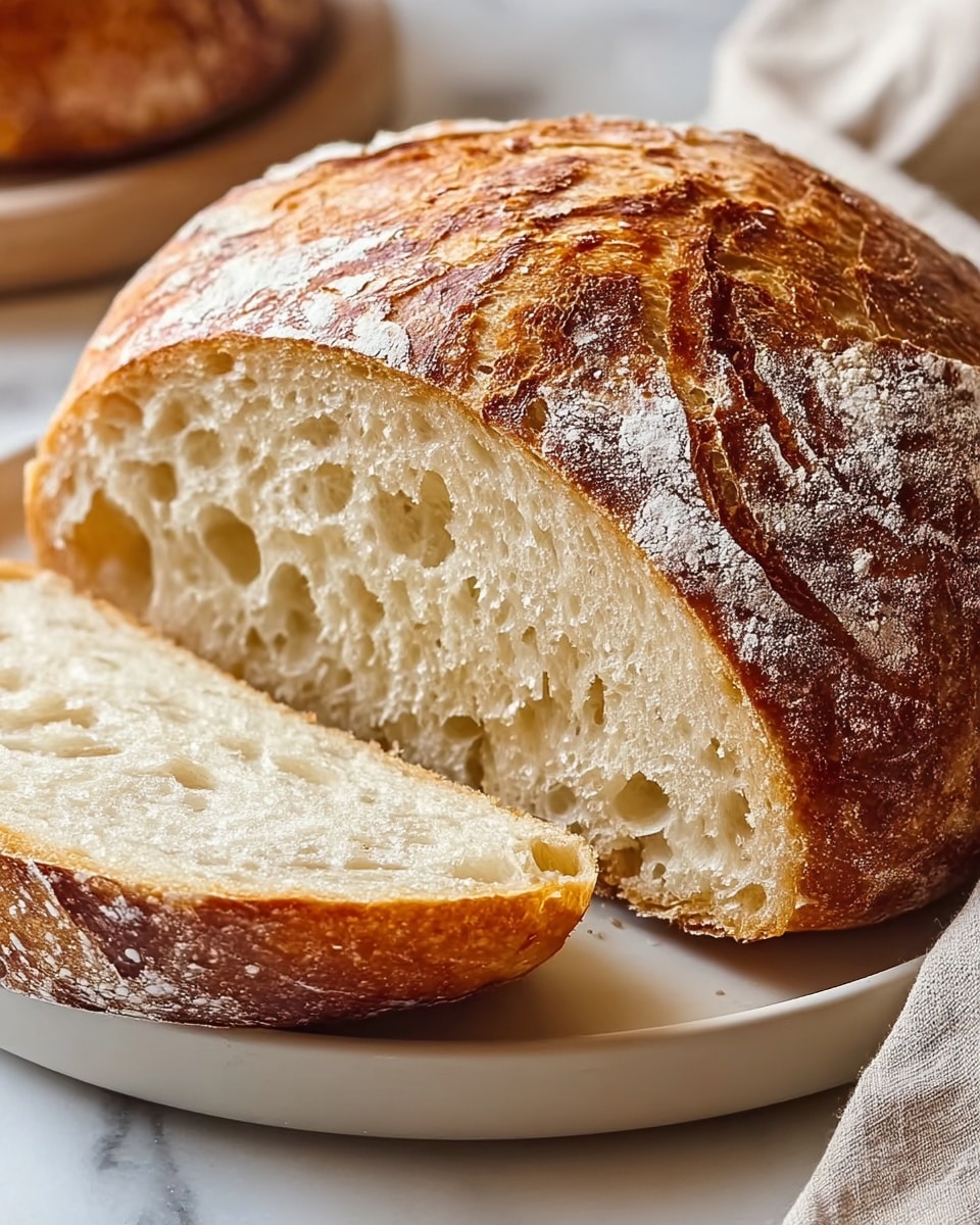 A close-up view of a round loaf of bread with one side cut to show a soft, airy inside with many holes and a golden-brown crust. The crust has a crispy texture with some parts darker brown and dusted with white flour, creating a pattern. The bread sits on a white plate, placed on a white marbled surface with a light beige cloth nearby. Photo taken with an iphone --ar 4:5 --v 7