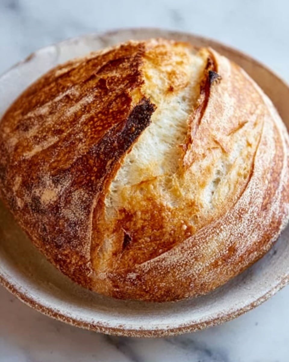 A loaf of round bread with a golden-brown crust sits on a white plate that has a rustic look, featuring cuts on the top that reveal soft, airy white inside layers with light browning around the edges. The crust looks crisp and crackly, with a mix of darker brown spots and lighter golden patches. The plate is placed on a white marbled surface with subtle veins, adding a clean and elegant background. photo taken with an iphone --ar 4:5 --v 7